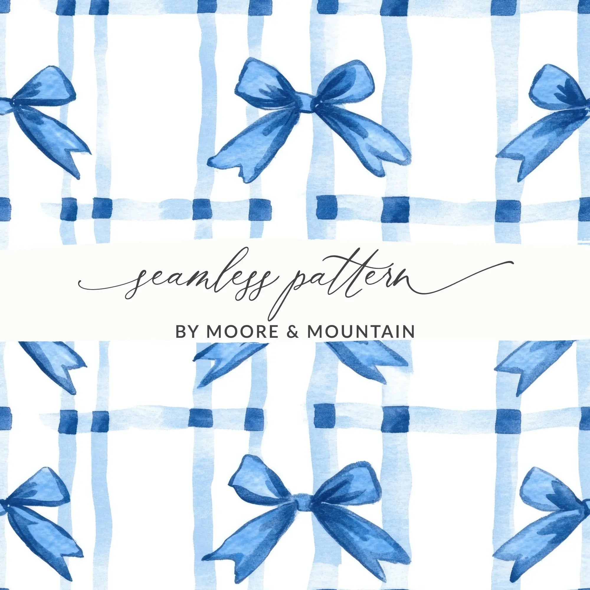 Blue Bow Seamless Digital Paper, Watercolor Plaid Pattern, Fabric Design, Digital Scrapbooking, Ribbon Texture, Gift Wrap, Digital Files - Moore and Mountain
