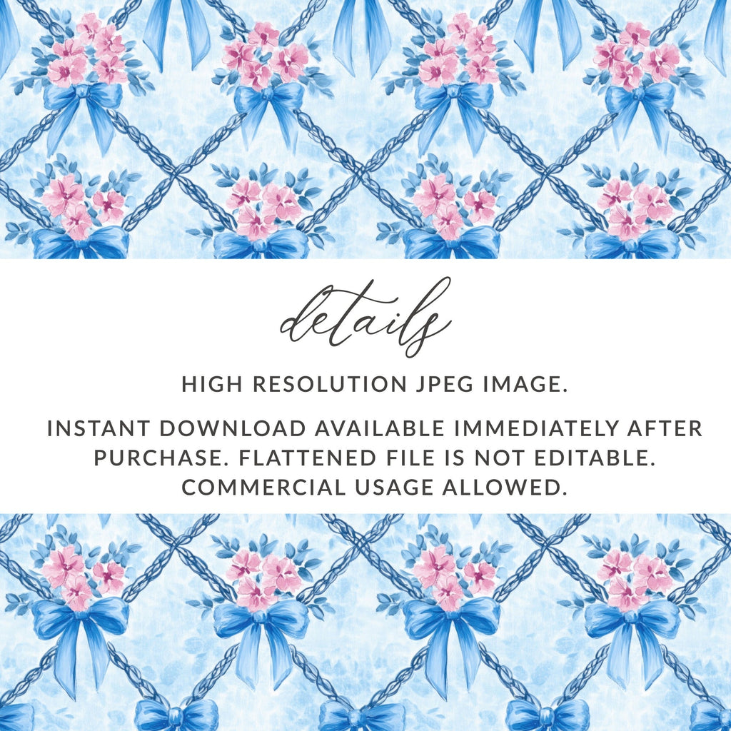 Blue Bows and Pink Flowers Digital Paper, Watercolor Floral, Seamless Pattern, Fabric Design, Scrapbooking Paper, Printable Art - Moore and Mountain