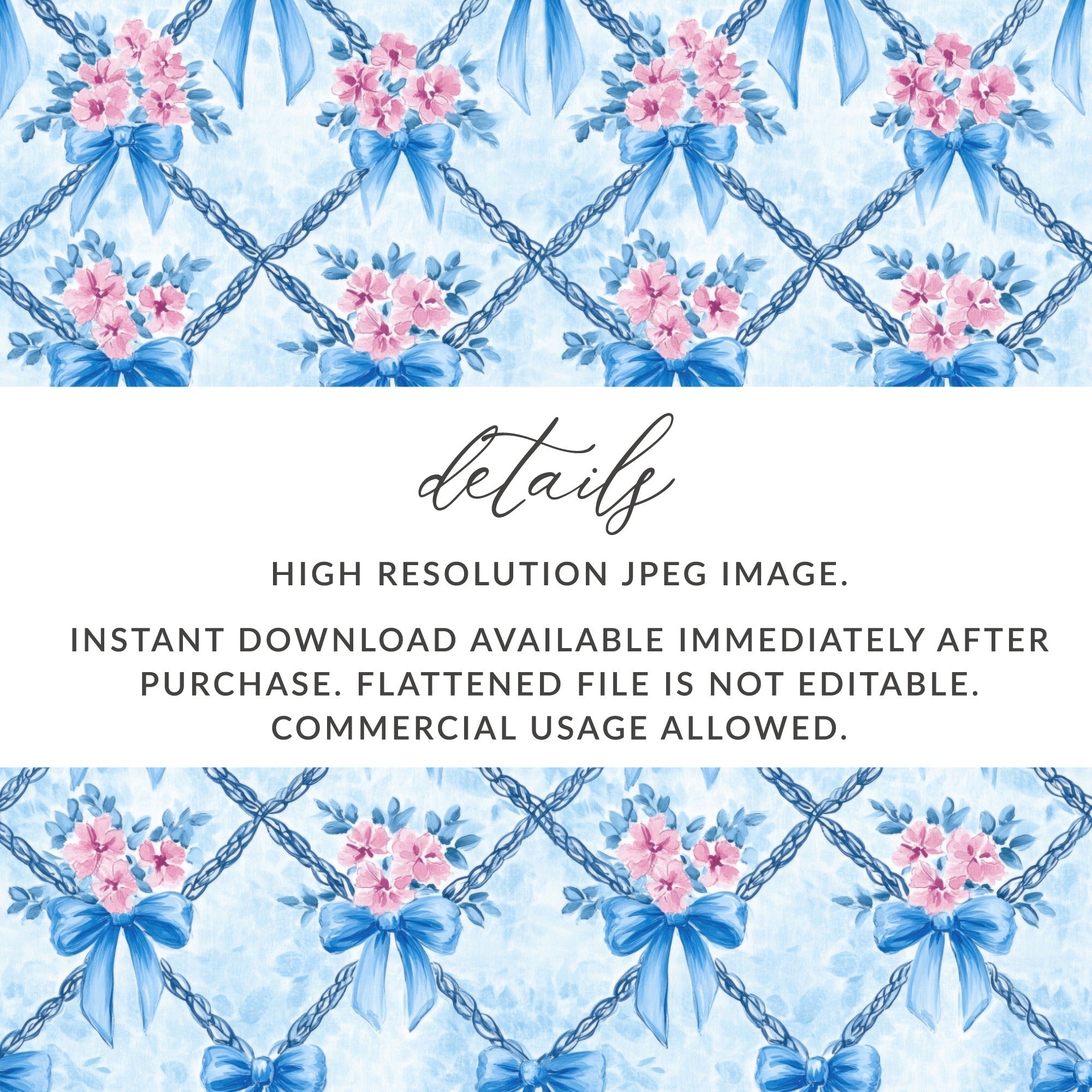 Blue Bows and Pink Flowers Digital Paper, Watercolor Floral, Seamless Pattern, Fabric Design, Scrapbooking Paper, Printable Art - Moore and Mountain
