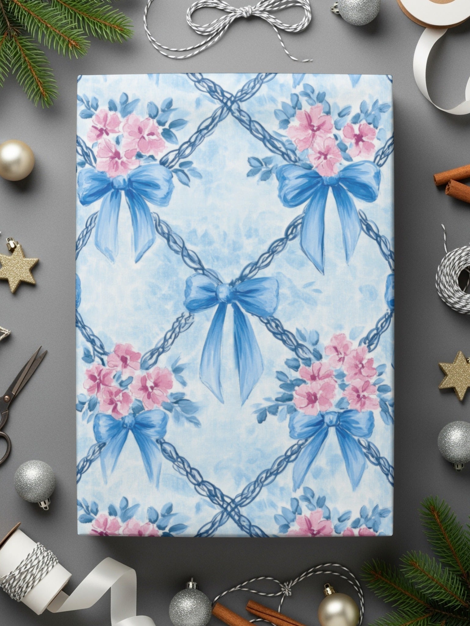 Blue Bows and Pink Flowers Digital Paper, Watercolor Floral, Seamless Pattern, Fabric Design, Scrapbooking Paper, Printable Art - Moore and Mountain