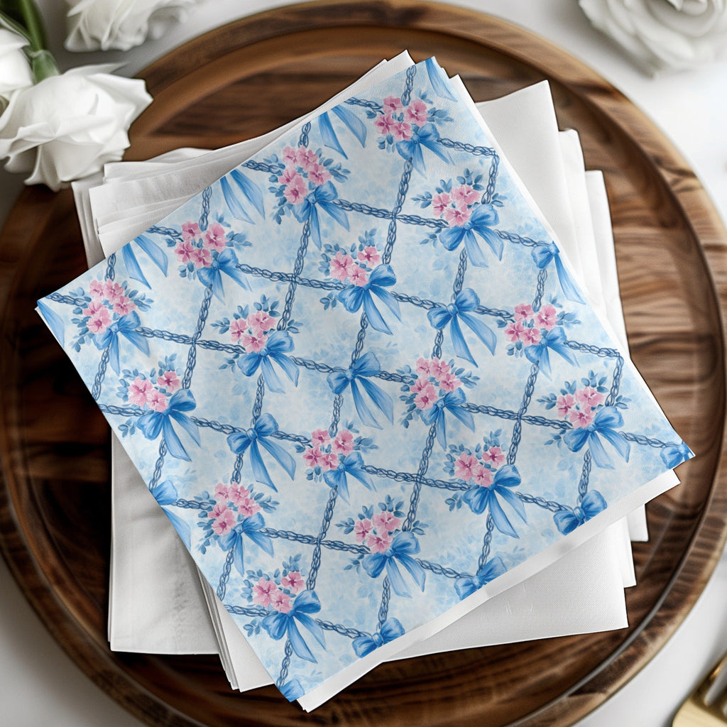 Blue Bows and Pink Flowers Digital Paper, Watercolor Floral, Seamless Pattern, Fabric Design, Scrapbooking Paper, Printable Art - Moore and Mountain