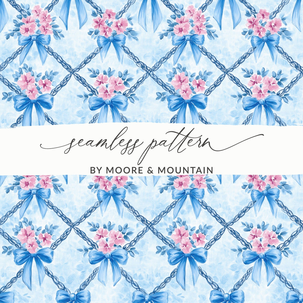 Blue Bows and Pink Flowers Digital Paper, Watercolor Floral, Seamless Pattern, Fabric Design, Scrapbooking Paper, Printable Art - Moore and Mountain