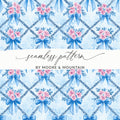 Blue Bows and Pink Flowers Digital Paper, Watercolor Floral, Seamless Pattern, Fabric Design, Scrapbooking Paper, Printable Art - Moore and Mountain