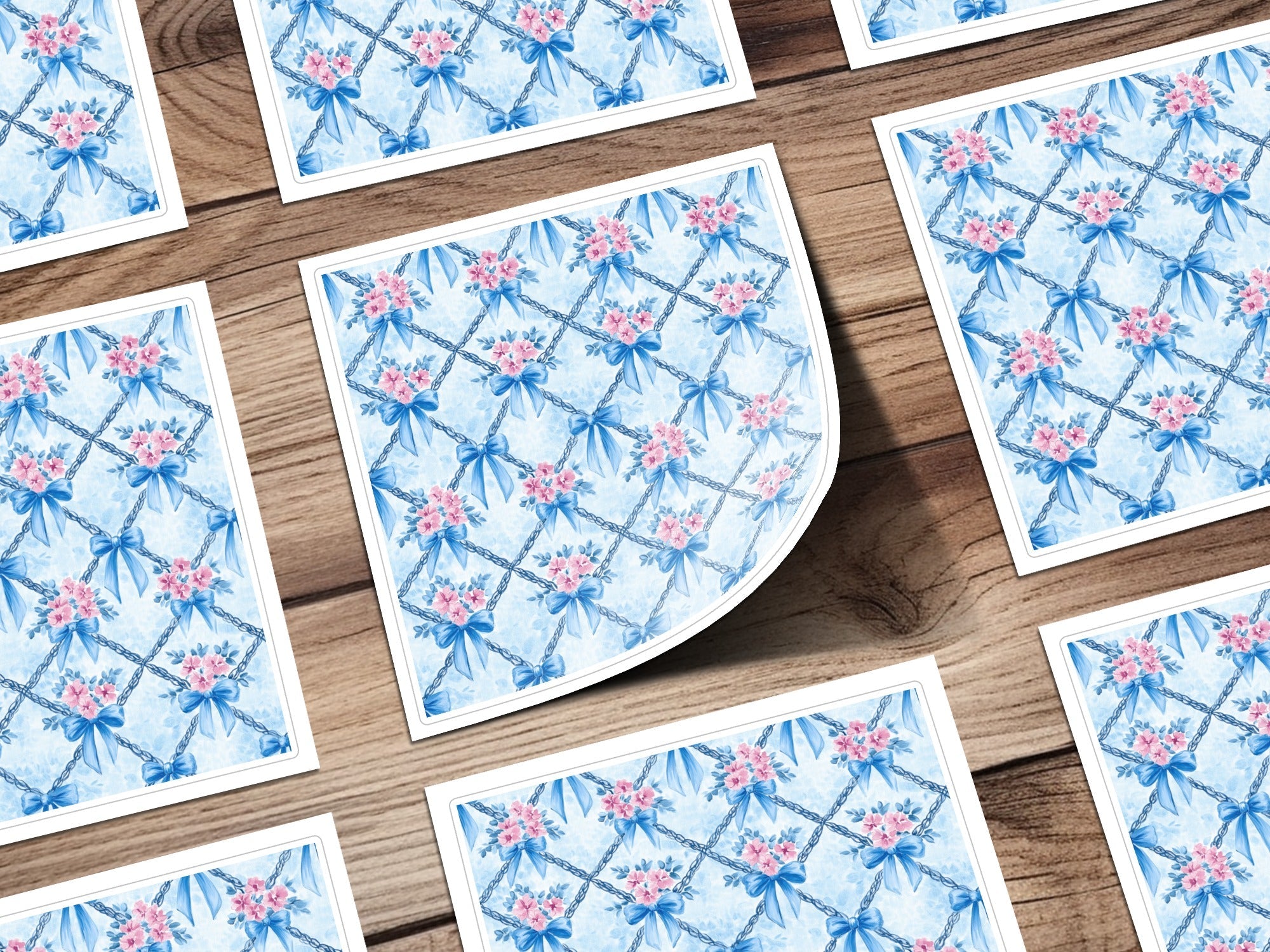 Blue Bows and Pink Flowers Digital Paper, Watercolor Floral, Seamless Pattern, Fabric Design, Scrapbooking Paper, Printable Art - Moore and Mountain