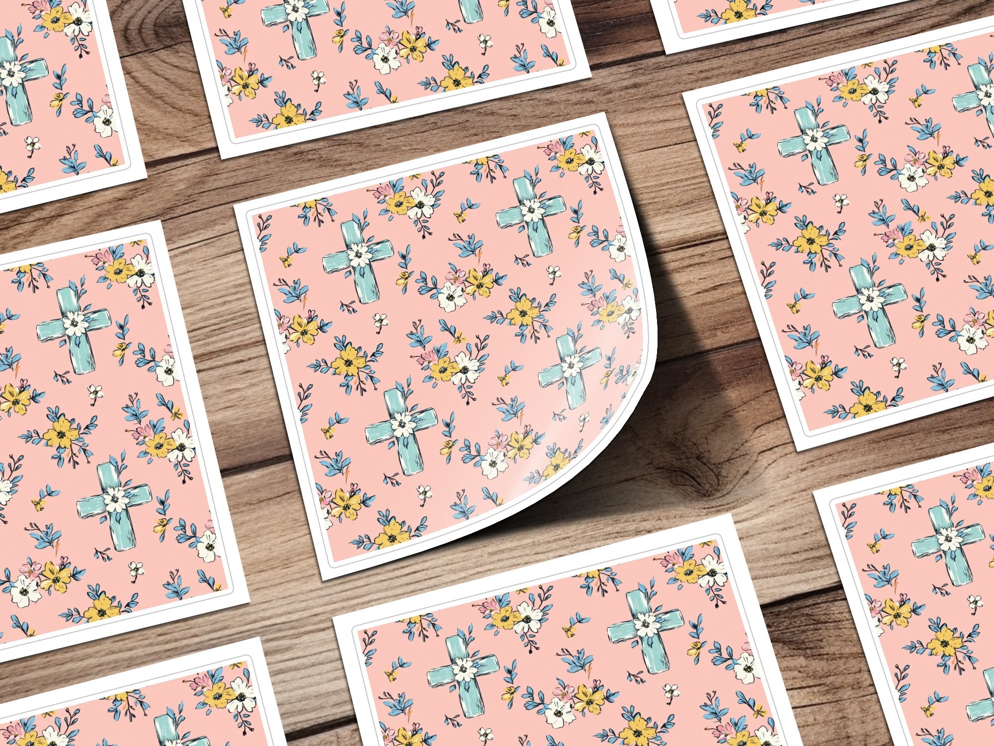 Blue Cross Floral Digital Paper, Pink Spring Flowers Pattern, Christian Seamless Design, Easter Wallpaper Background, Scrapbooking Printable - Moore and Mountain