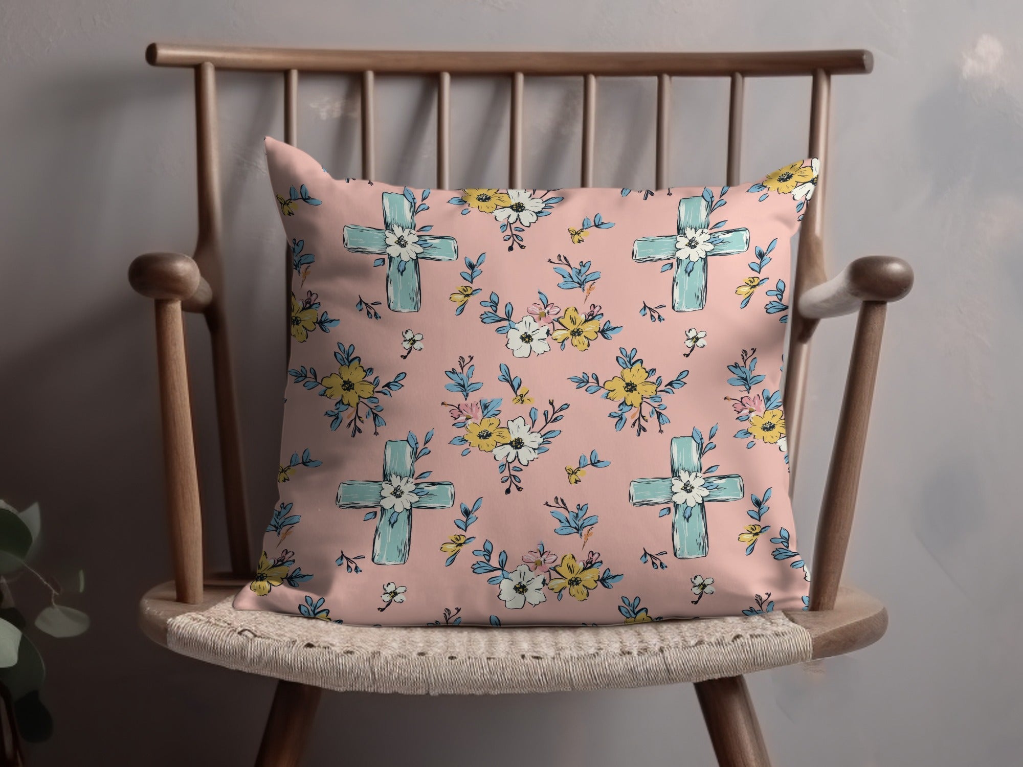 Blue Cross Floral Digital Paper, Pink Spring Flowers Pattern, Christian Seamless Design, Easter Wallpaper Background, Scrapbooking Printable - Moore and Mountain