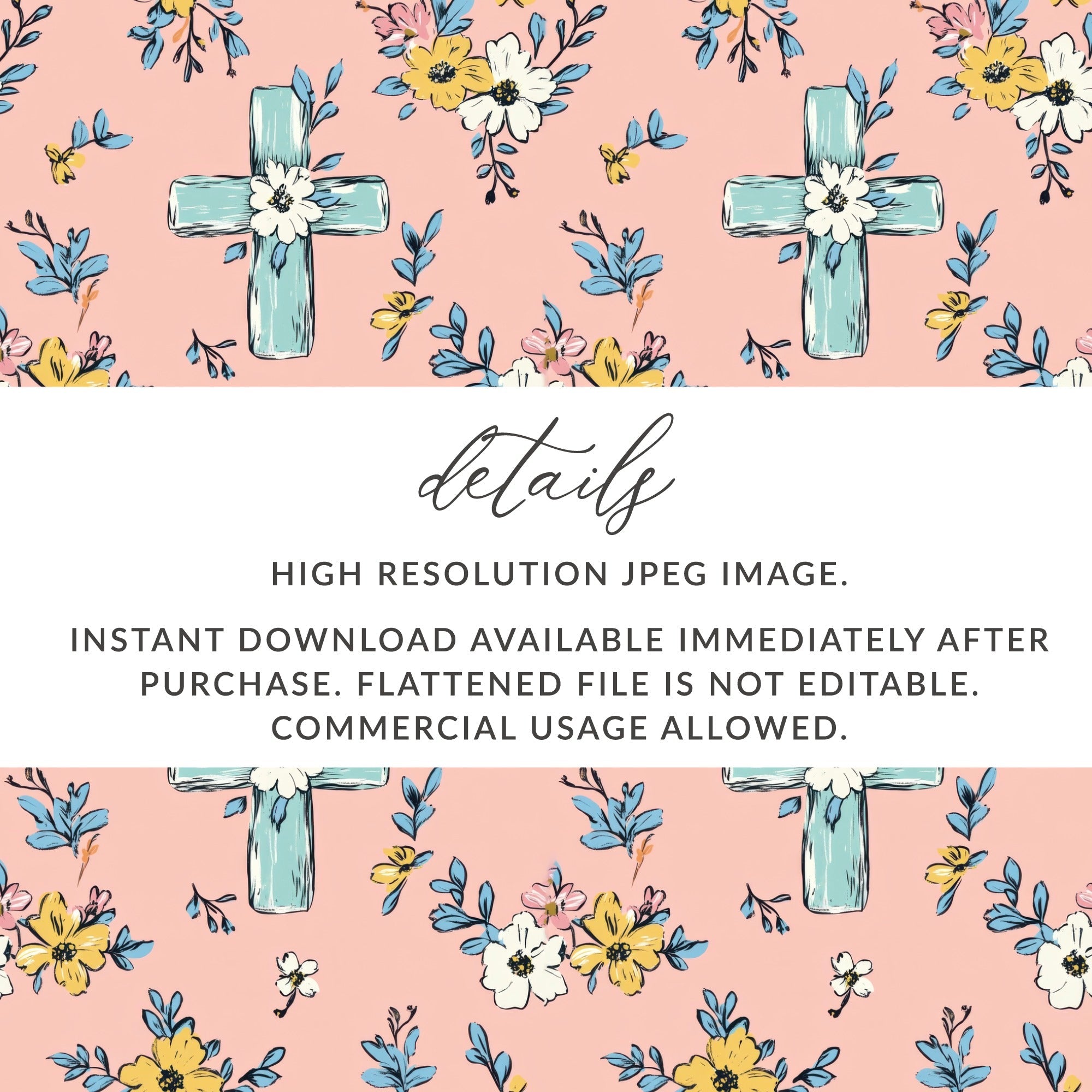 Blue Cross Floral Digital Paper, Pink Spring Flowers Pattern, Christian Seamless Design, Easter Wallpaper Background, Scrapbooking Printable - Moore and Mountain