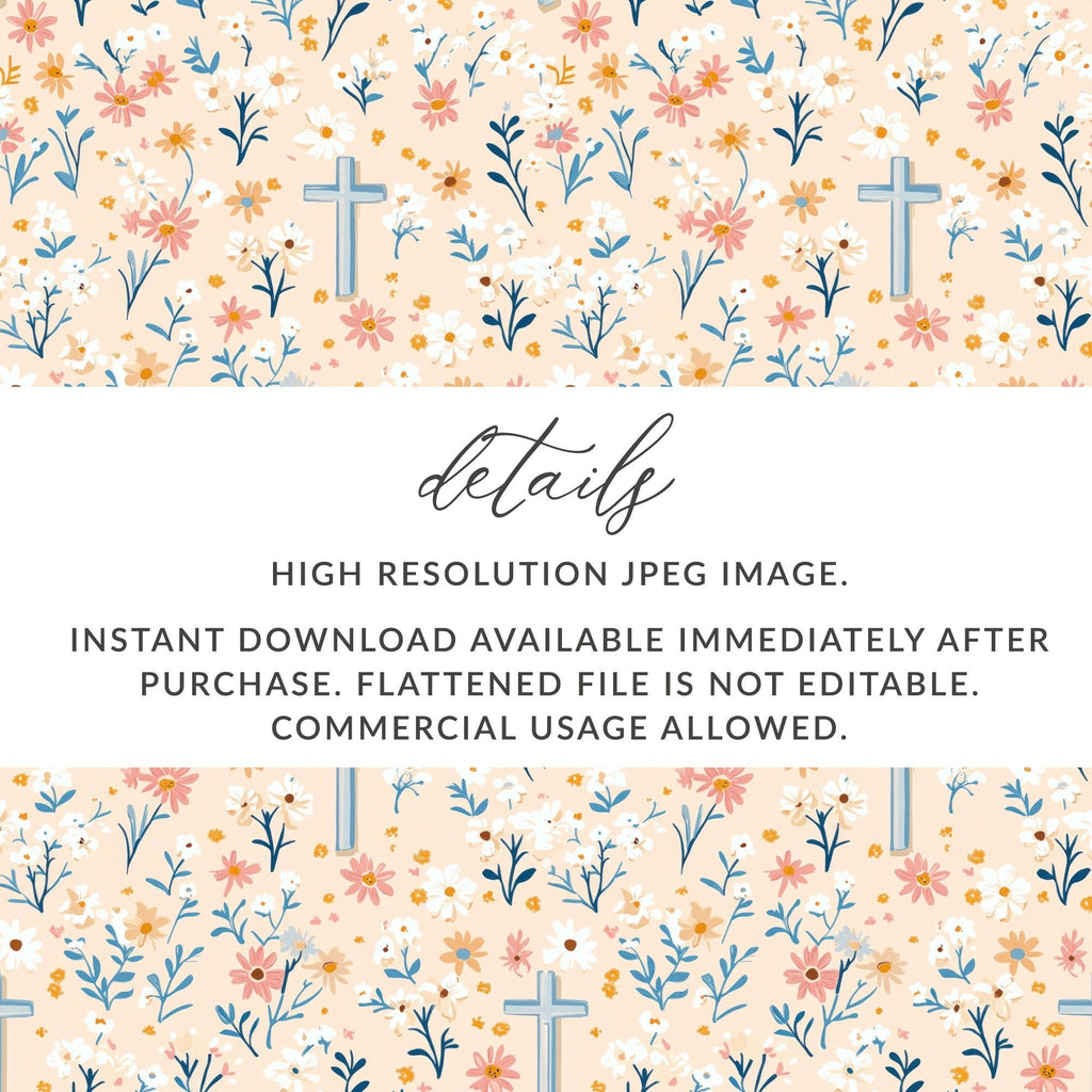 Blue Cross Floral Digital Paper, Spring Flowers Seamless Pattern, Easter Design, Religious Fabric Print, Christian Background - Moore and Mountain