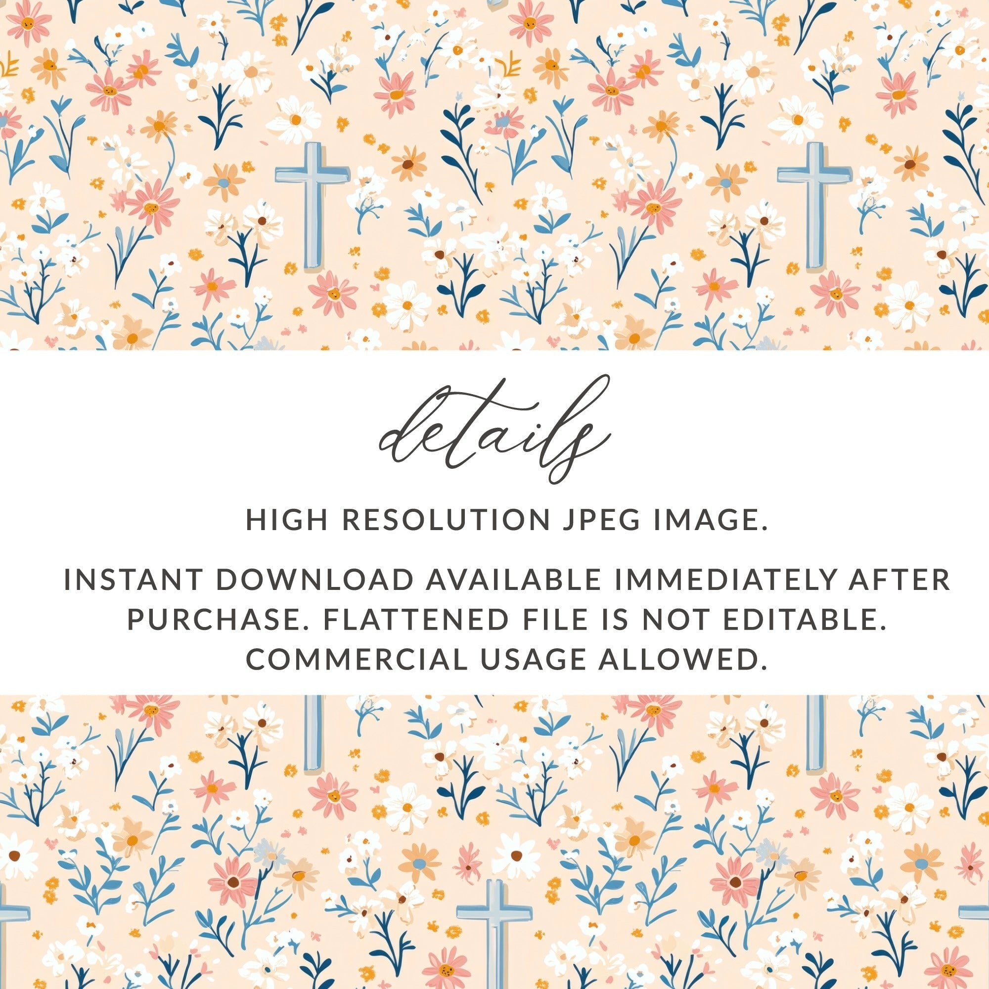 Blue Cross Floral Digital Paper, Spring Flowers Seamless Pattern, Easter Design, Religious Fabric Print, Christian Background - Moore and Mountain