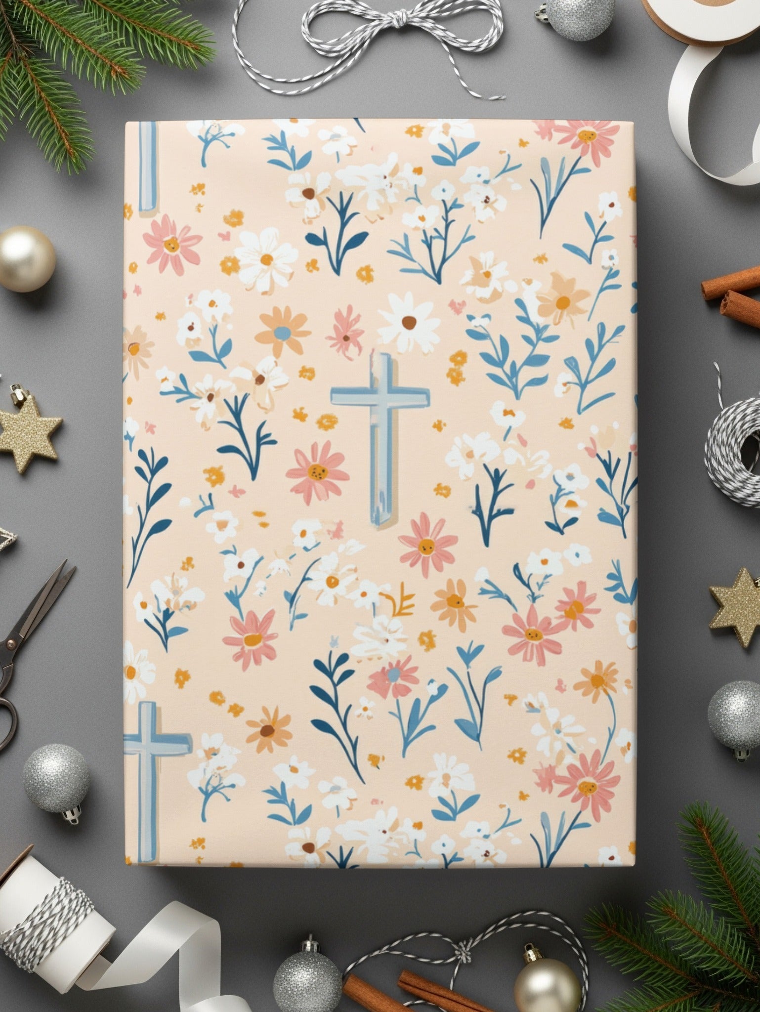 Blue Cross Floral Digital Paper, Spring Flowers Seamless Pattern, Easter Design, Religious Fabric Print, Christian Background - Moore and Mountain