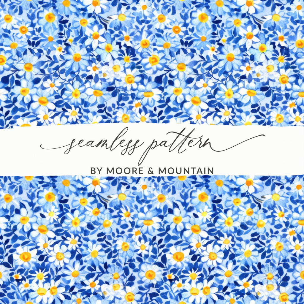 Blue Ditsy Daisy Floral Digital Paper, Watercolor Flower Pattern, Spring Background, Seamless Fabric Design, Scrapbooking Paper - Moore and Mountain