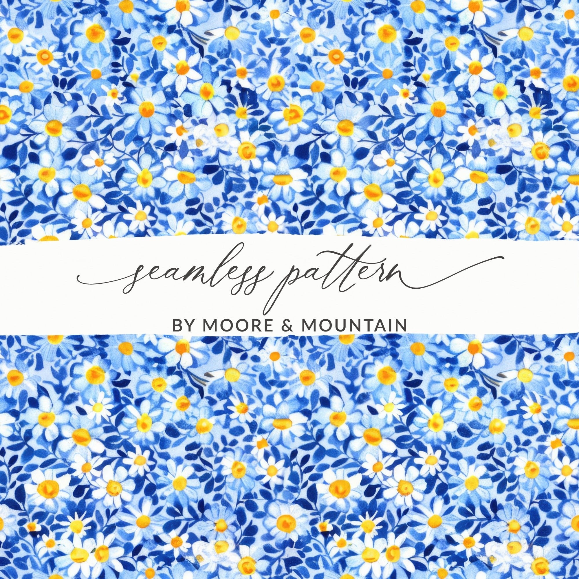 Blue Ditsy Daisy Floral Digital Paper, Watercolor Flower Pattern, Spring Background, Seamless Fabric Design, Scrapbooking Paper - Moore and Mountain
