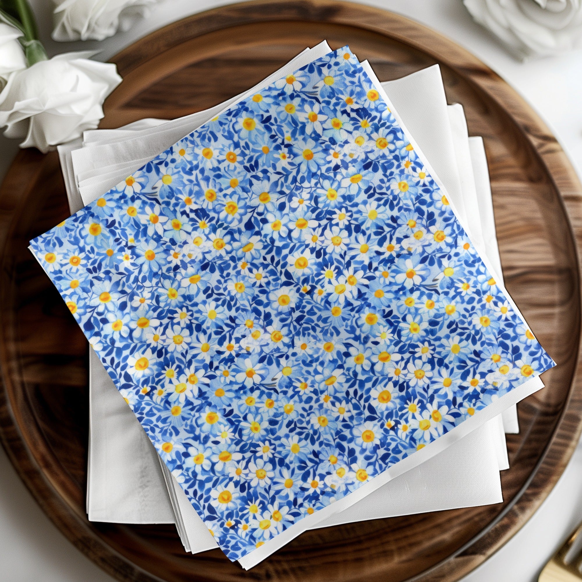 Blue Ditsy Daisy Floral Digital Paper, Watercolor Flower Pattern, Spring Background, Seamless Fabric Design, Scrapbooking Paper - Moore and Mountain