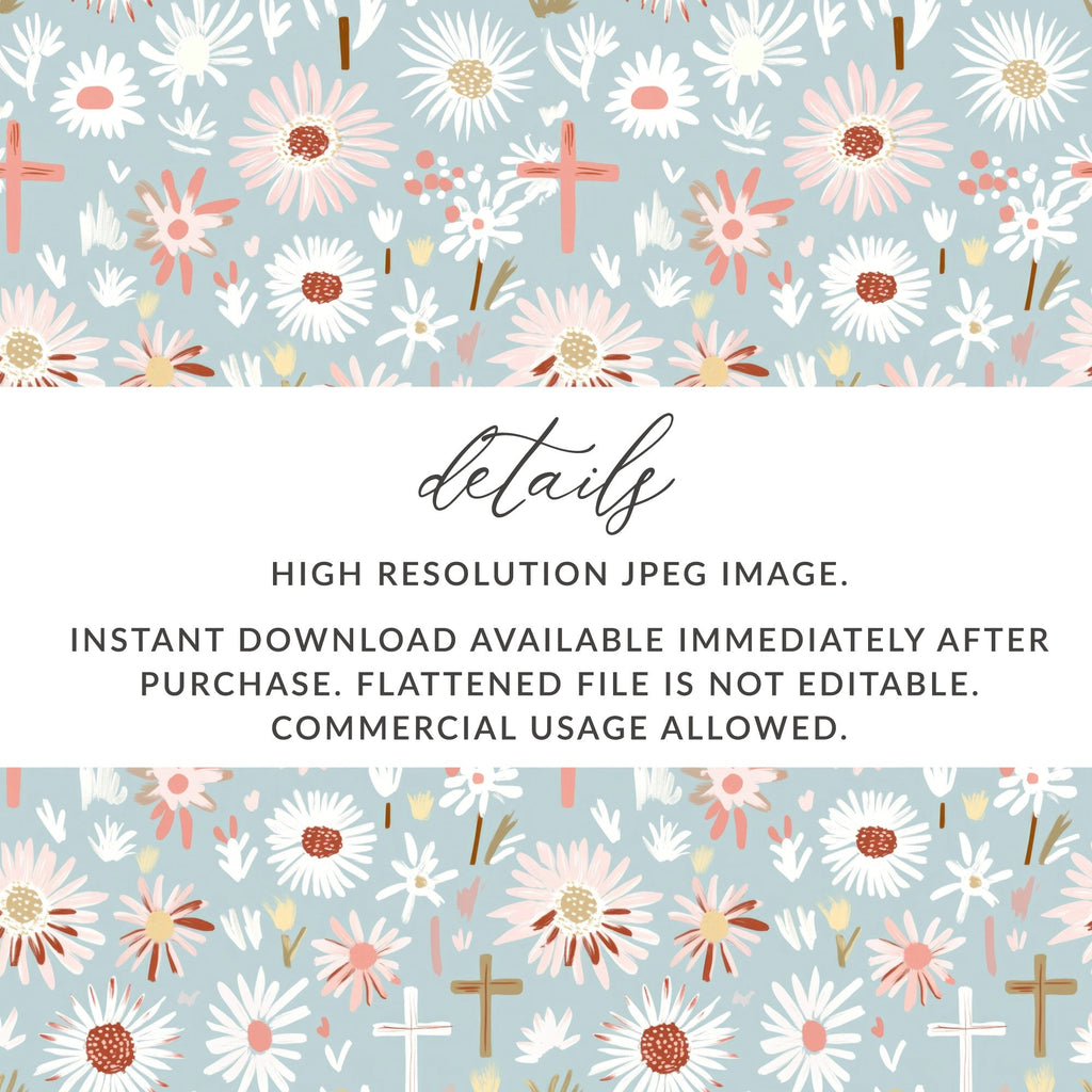 Blue Floral Cross Digital Paper, Spring Flower Pattern, Religious Seamless Design, Easter Illustration, Pastel Print, Baptism, Digital File - Moore and Mountain