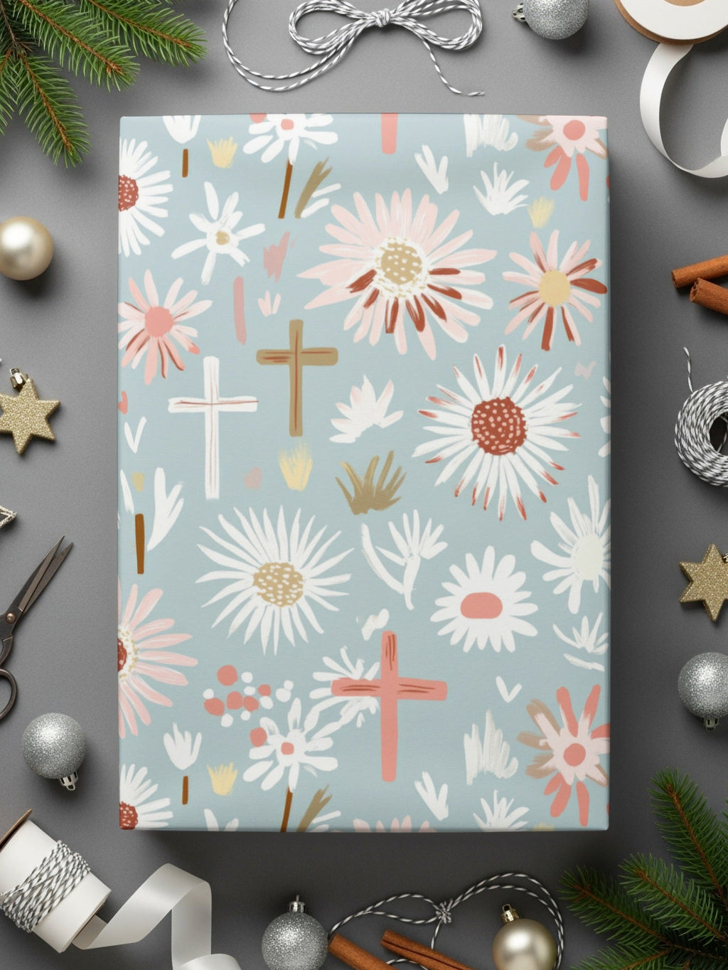 Blue Floral Cross Digital Paper, Spring Flower Pattern, Religious Seamless Design, Easter Illustration, Pastel Print, Baptism, Digital File - Moore and Mountain