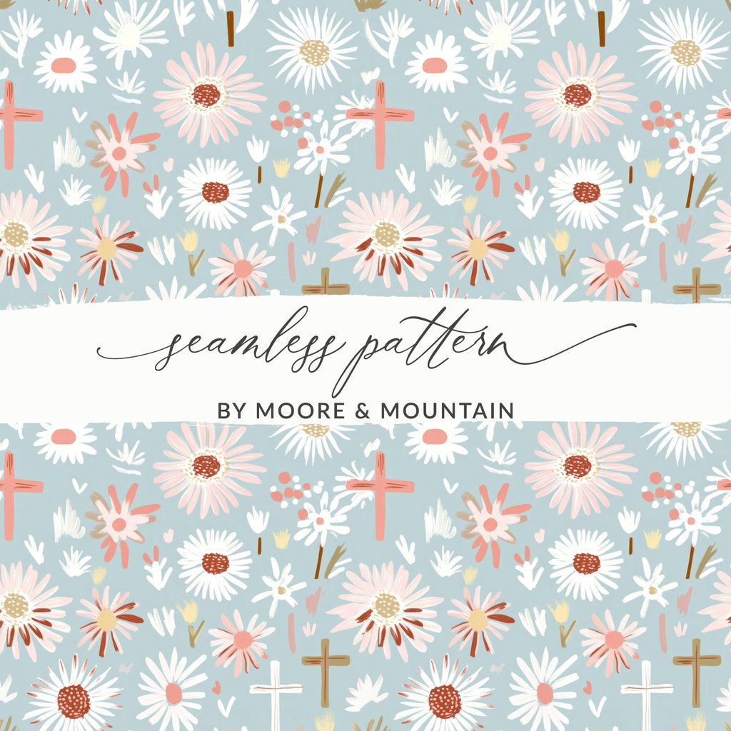 Blue Floral Cross Digital Paper, Spring Flower Pattern, Religious Seamless Design, Easter Illustration, Pastel Print, Baptism, Digital File - Moore and Mountain