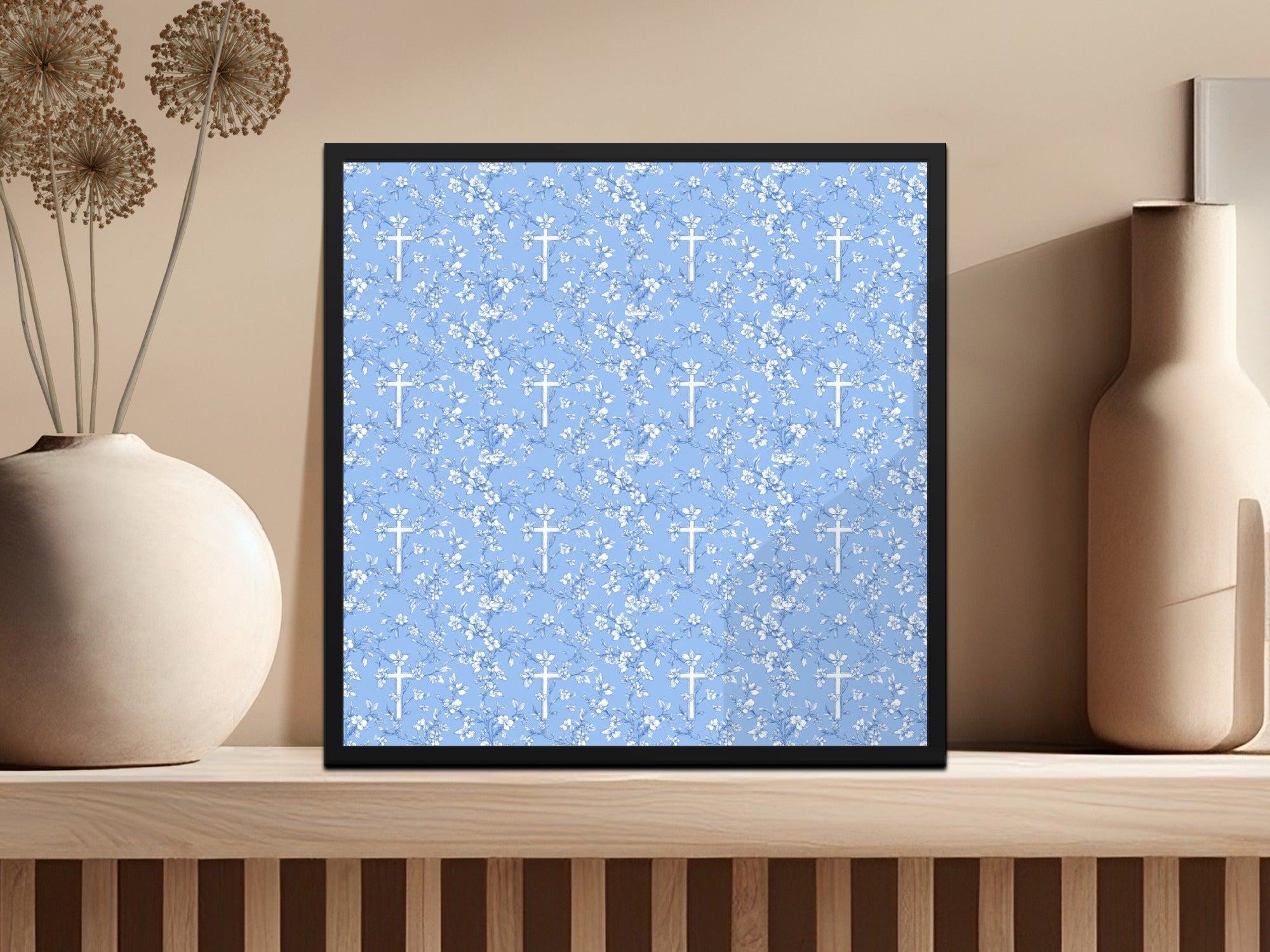 Blue Floral Cross Pattern, Seamless Design, Digital Download, Repeating Pattern, Religious Print, Flower Pattern, Christian Graphic - Moore and Mountain