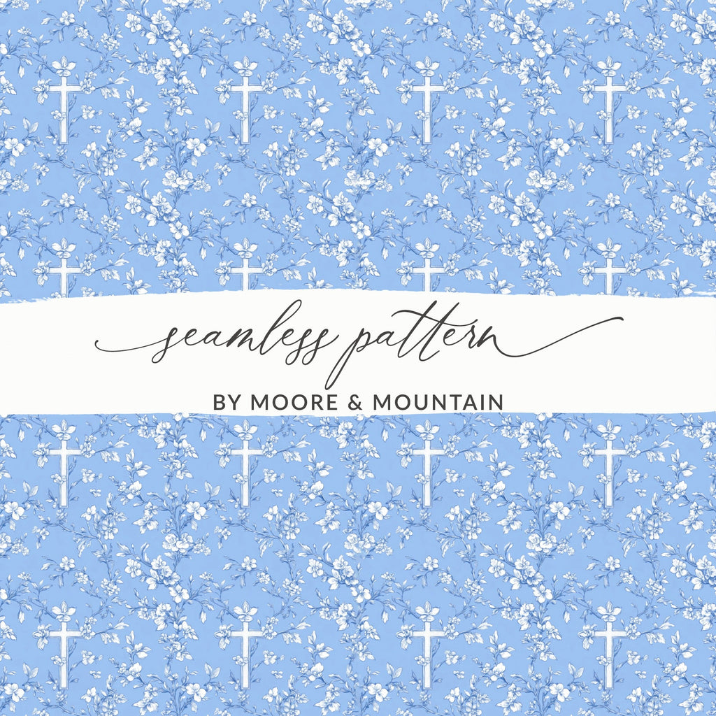Blue Floral Cross Pattern, Seamless Design, Digital Download, Repeating Pattern, Religious Print, Flower Pattern, Christian Graphic - Moore and Mountain