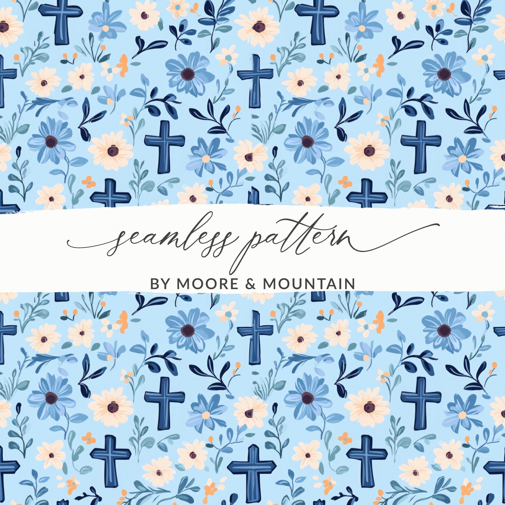 Blue Floral Cross Seamless Pattern, Digital Paper Download, Christian Fabric Design, Church Graphics, Religious Art Digital - Moore and Mountain