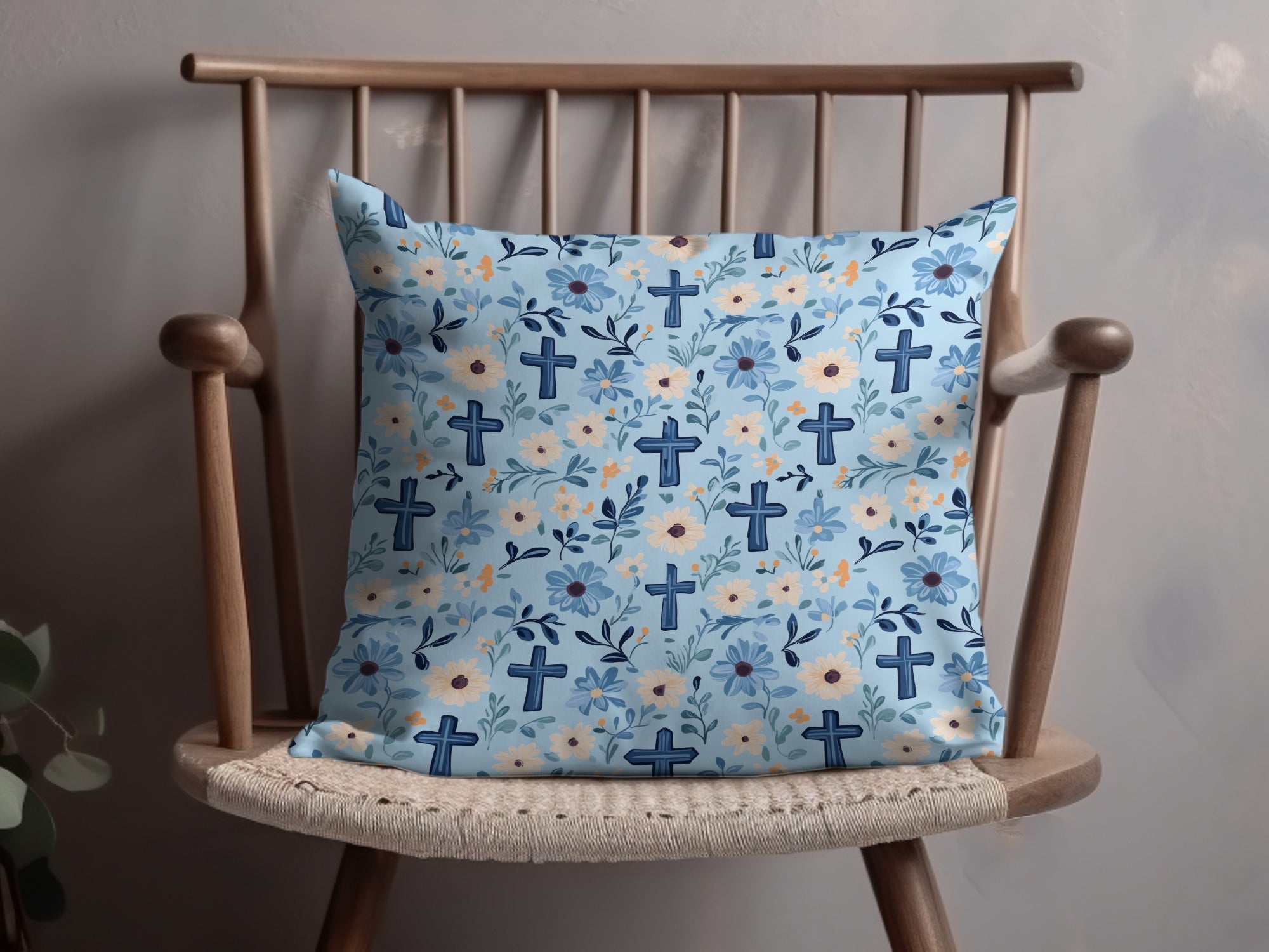 Blue Floral Cross Seamless Pattern, Digital Paper Download, Christian Fabric Design, Church Graphics, Religious Art Digital - Moore and Mountain