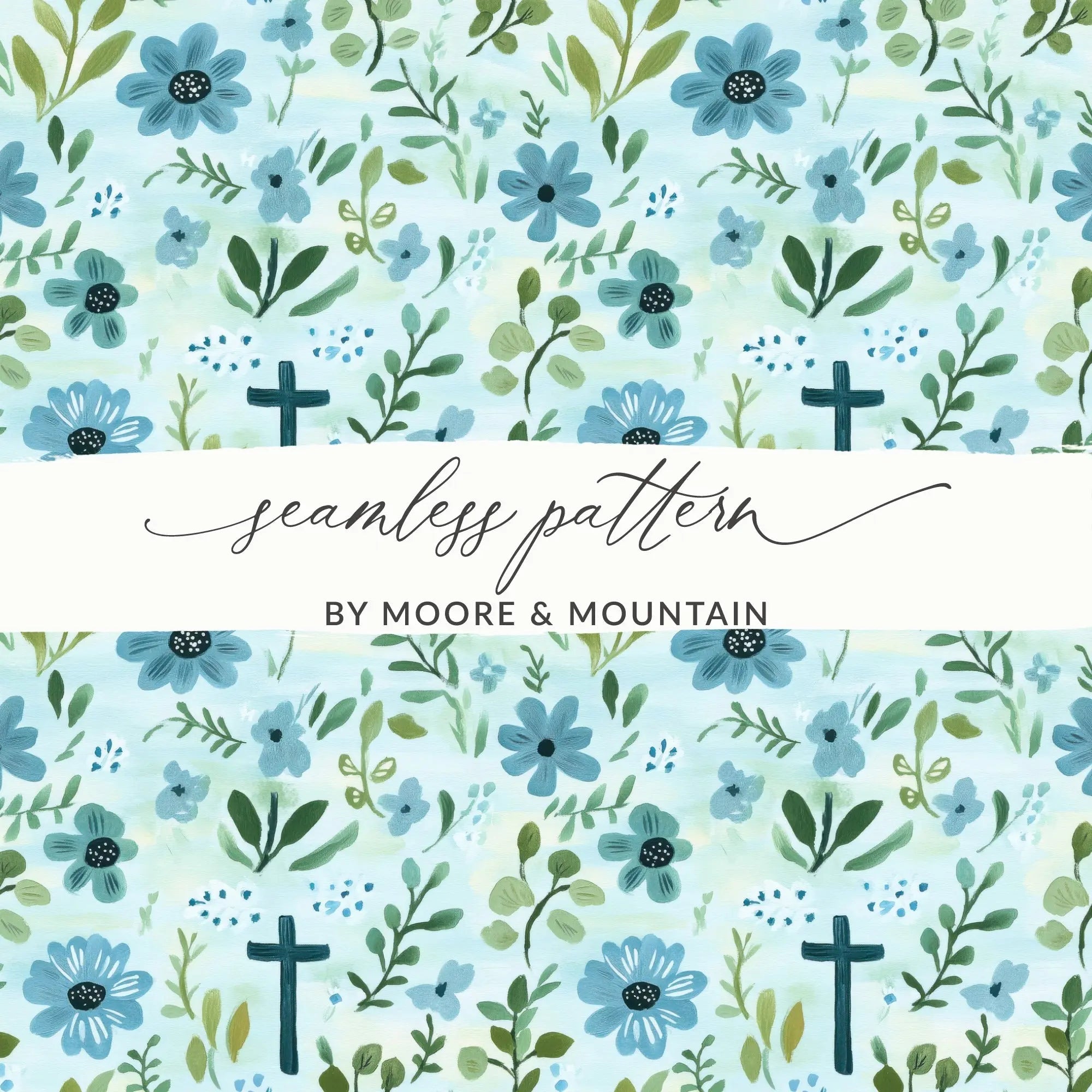 Blue Floral Cross Seamless Pattern, Digital Paper Pack, Watercolor Flower Design, Religious Fabric Print, Commercial Use, 12x12 JPEG - Moore and Mountain