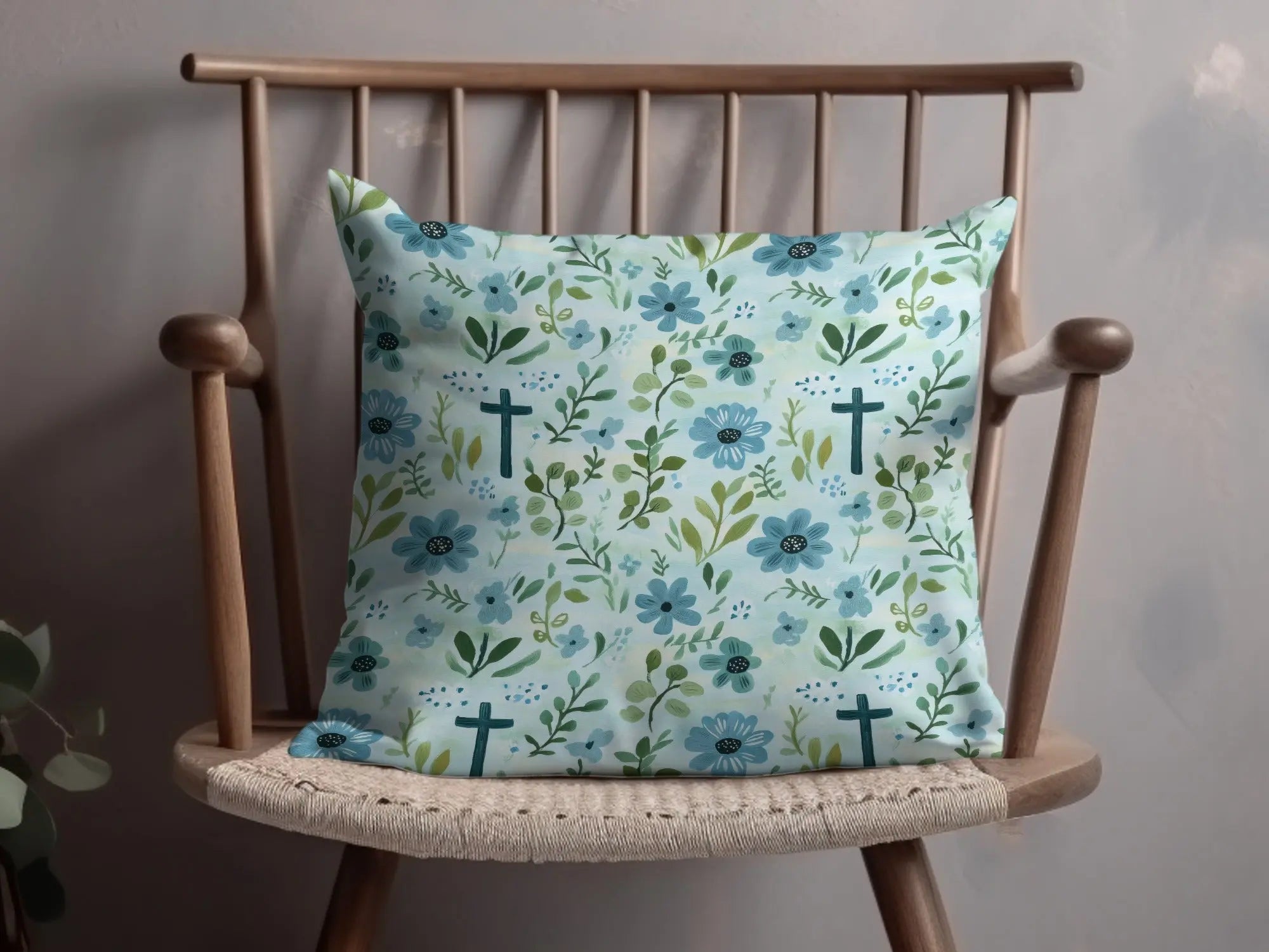 Blue Floral Cross Seamless Pattern, Digital Paper Pack, Watercolor Flower Design, Religious Fabric Print, Commercial Use, 12x12 JPEG - Moore and Mountain