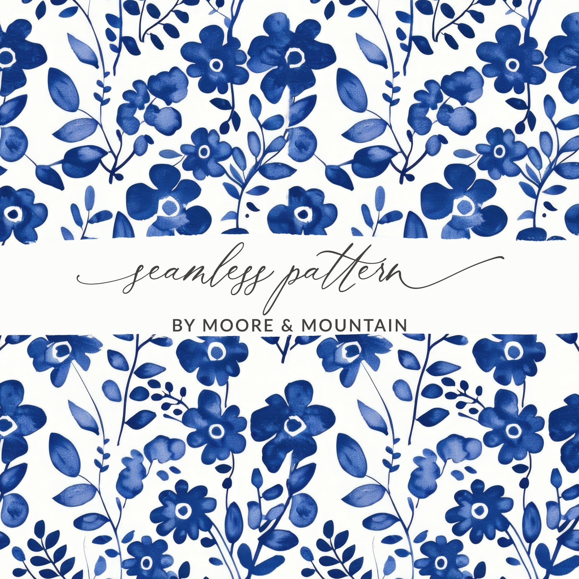 Blue Floral Pattern Digital Paper, Watercolor Flower Print, Seamless Background, Scrapbook Paper, Fabric Design, Printable Patterns - Moore and Mountain