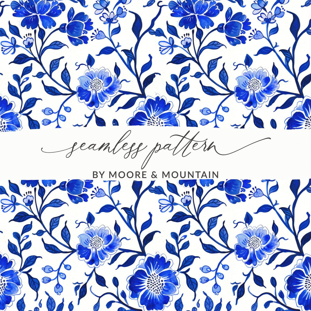 Blue Floral Watercolor Digital Paper, Seamless Flower Pattern, Chinoiserie Toile Seamless Pattern - Moore and Mountain