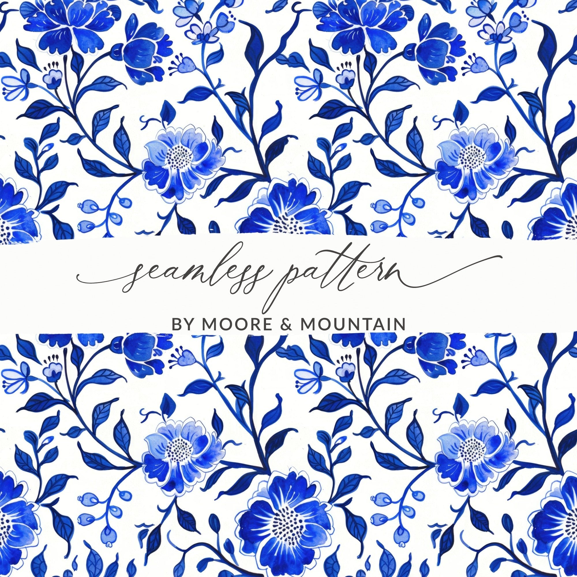 Blue Floral Watercolor Digital Paper, Seamless Flower Pattern, Chinoiserie Toile Seamless Pattern - Moore and Mountain