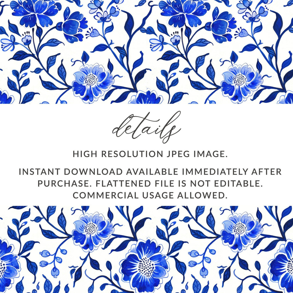 Blue Floral Watercolor Digital Paper, Seamless Flower Pattern, Chinoiserie Toile Seamless Pattern - Moore and Mountain