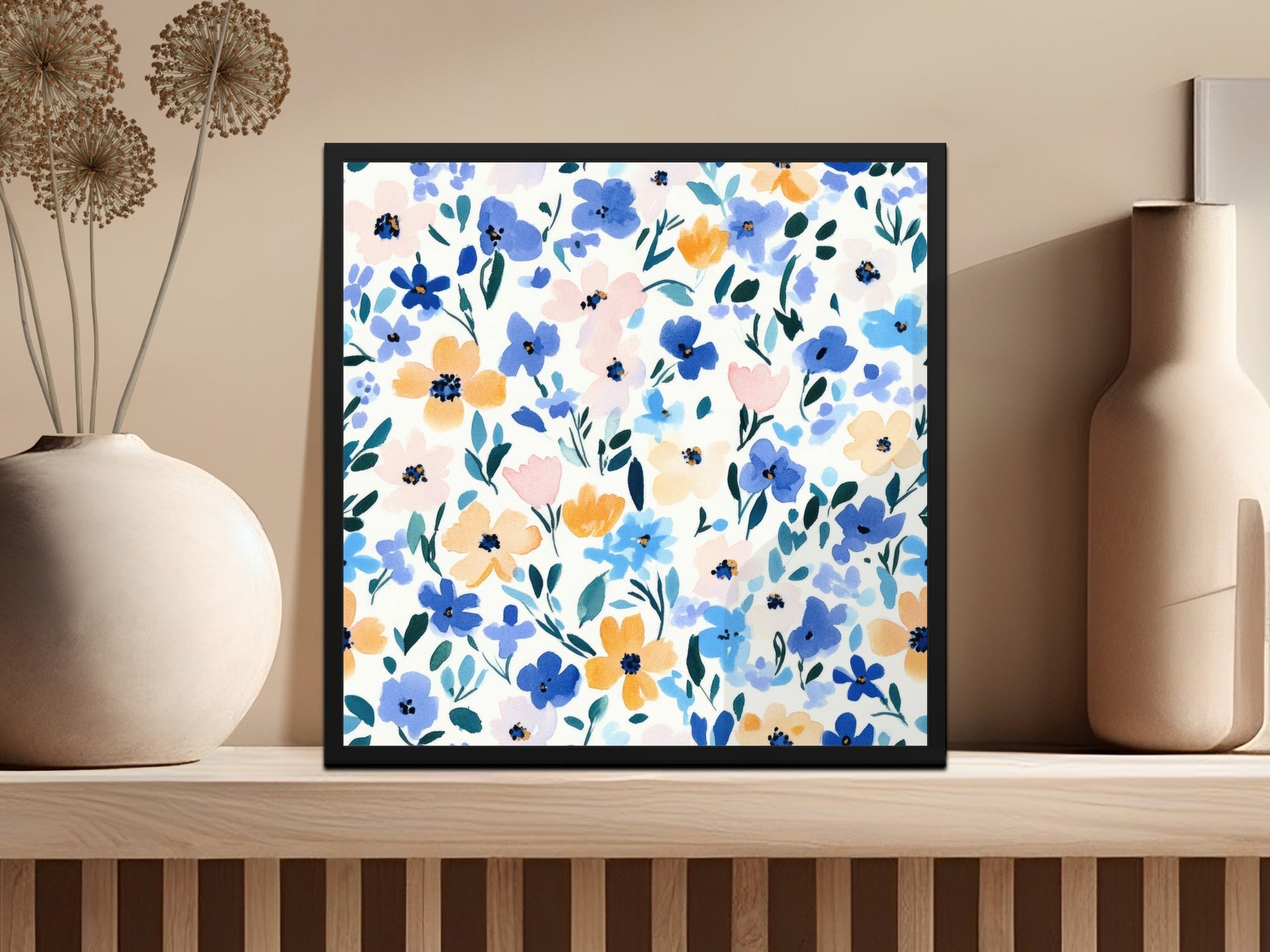 Blue Modern Ditsy Watercolor Floral Pattern in Pastel Blue Gold Download - Moore and Mountain