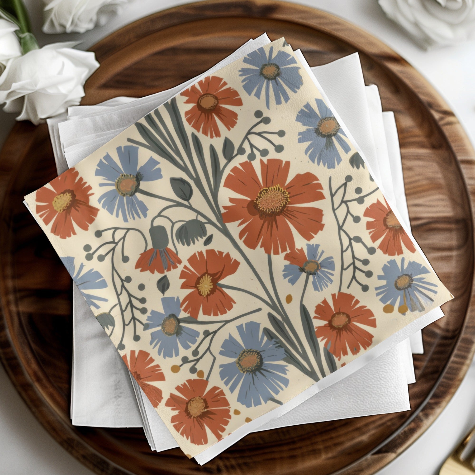 Blue Orange Floral Pattern Digital Artwork for Home Decor, Fall Floral - Moore and Mountain