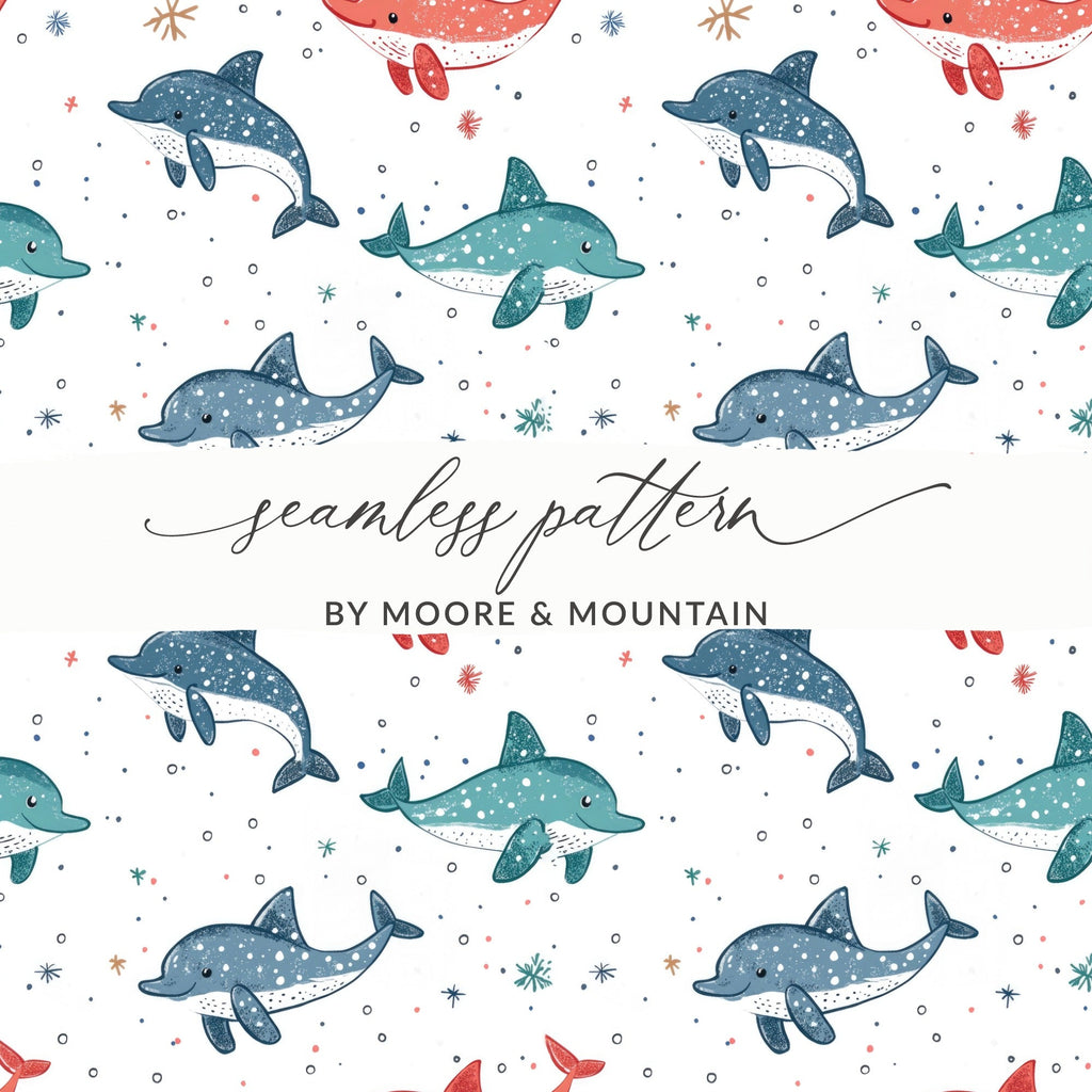 Blue Red Green Dolphins on White Background Pattern Digital Pattern for Boys - Moore and Mountain