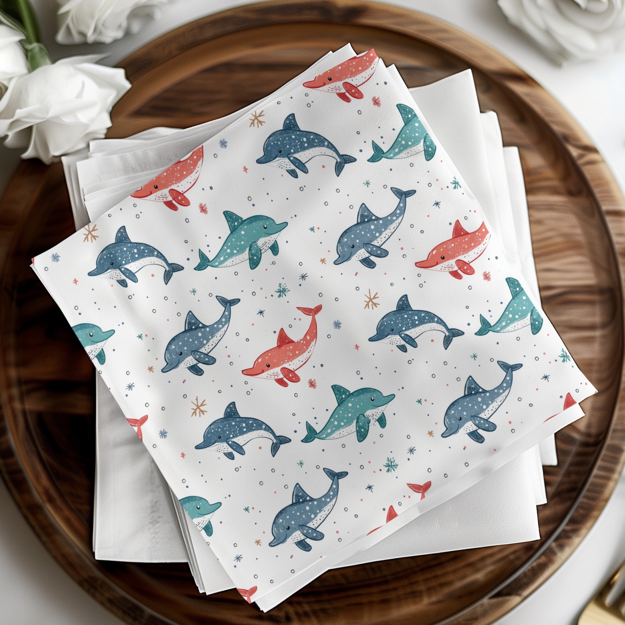Blue Red Green Dolphins on White Background Pattern Digital Pattern for Boys - Moore and Mountain