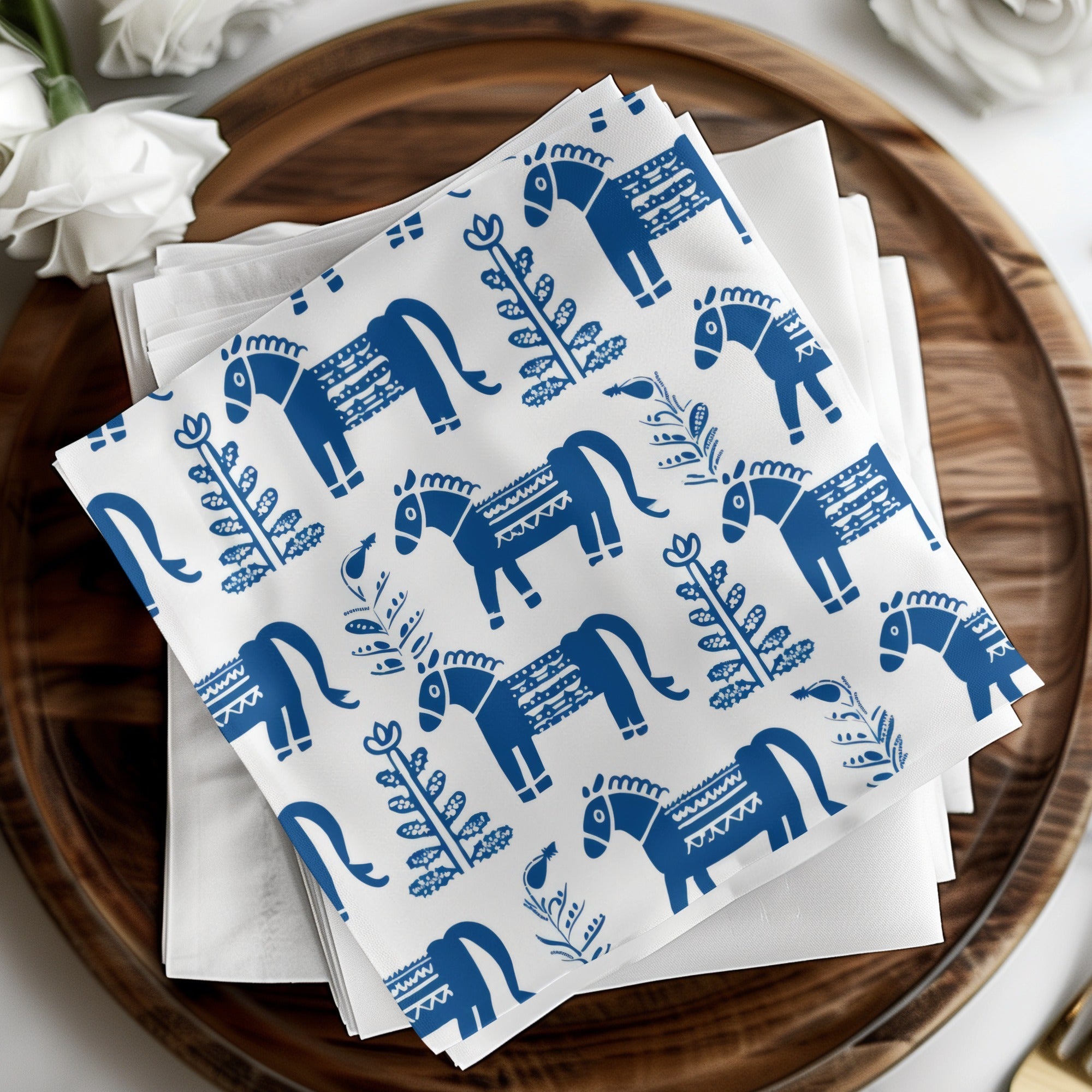 Blue Scandinavian Horses and Flowers Pattern Digital Winter Seamless Pattern - Moore and Mountain