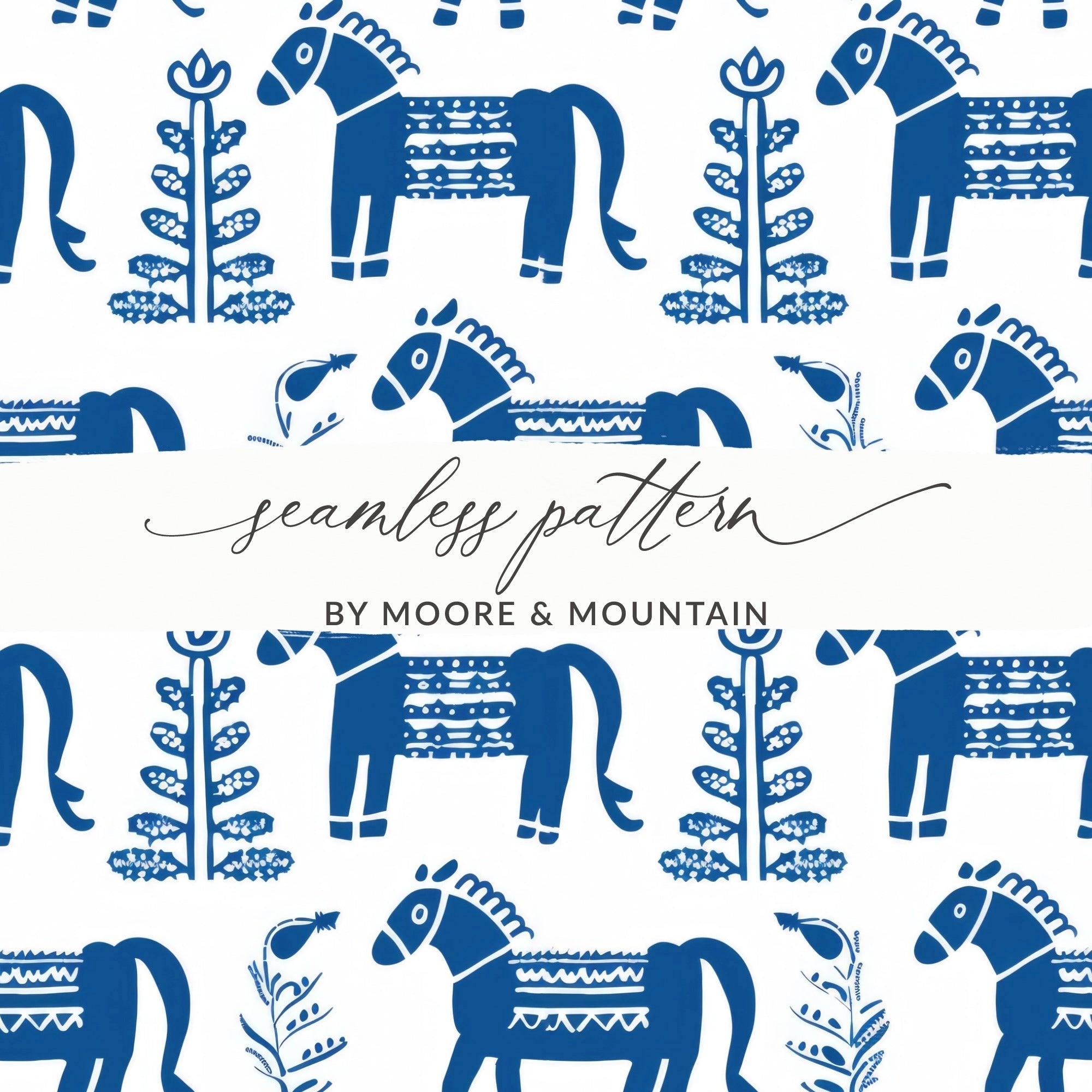 Blue Scandinavian Horses and Flowers Pattern Digital Winter Seamless Pattern - Moore and Mountain