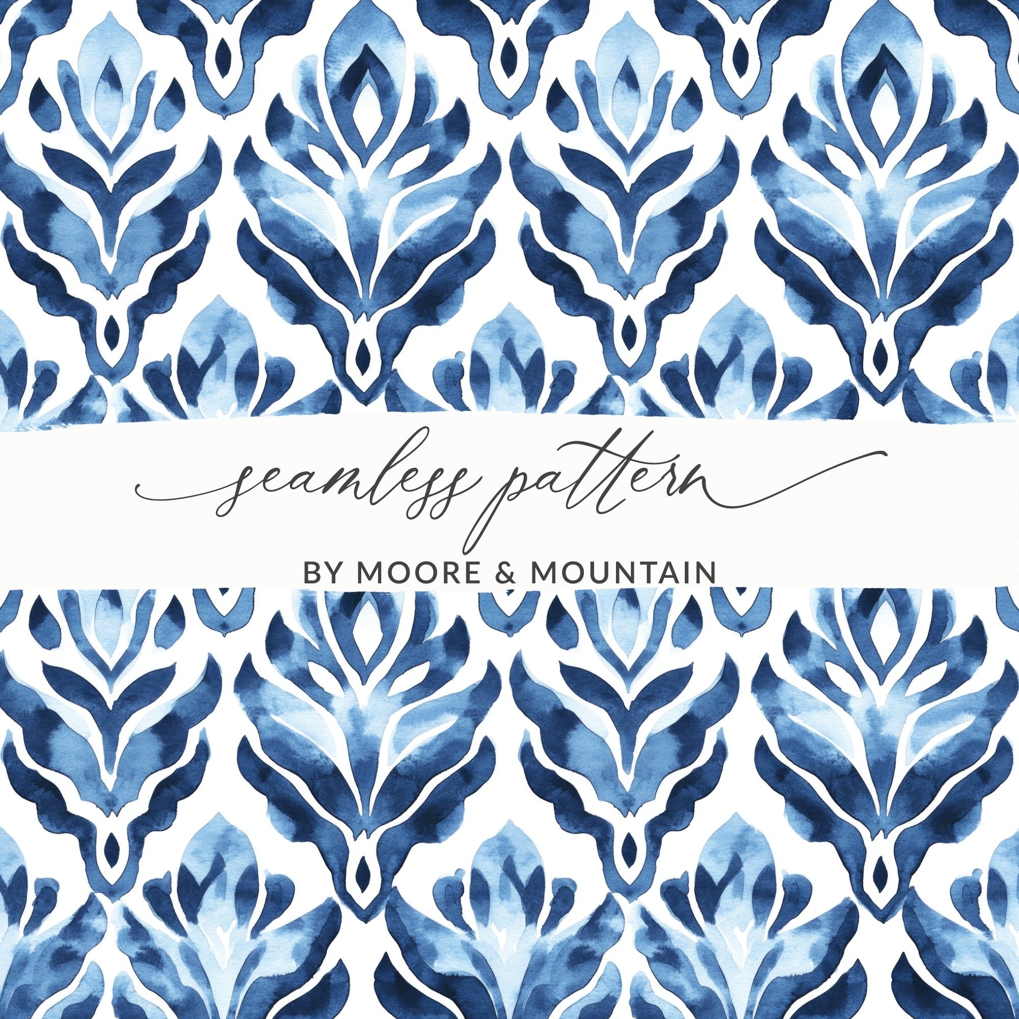 Blue Shibori Indigo Ink Seamless Watercolor Geometric Pattern, Damask Digital Paper, Fabric Design, Scrapbooking Paper, Wallpaper, Digital - Moore and Mountain