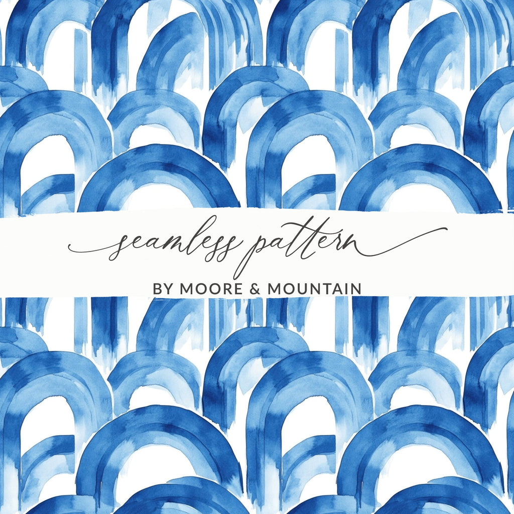 Blue Shibori Seamless Watercolor Geometric Pattern Digital, Indigo Ink Wash Texture, Modern Abstract Arches, Repeat Surface Design - Moore and Mountain