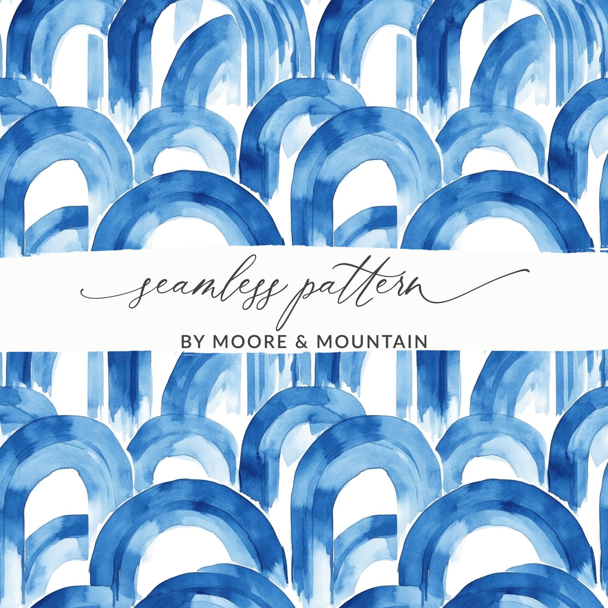 Blue Shibori Seamless Watercolor Geometric Pattern Digital, Indigo Ink Wash Texture, Modern Abstract Arches, Repeat Surface Design - Moore and Mountain