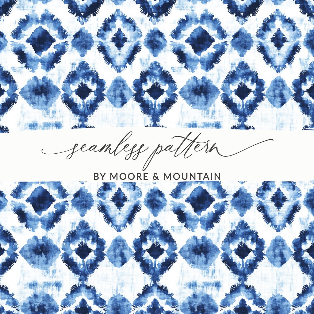 Blue Shibori Seamless Watercolor Geometric Pattern, Indigo Ink Digital Paper, Abstract Dyed Repeat Print, Modern Fabric Design - Moore and Mountain