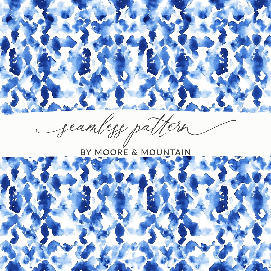 Blue Shibori Seamless Watercolor Geometric Pattern, Indigo Ink Digital Paper, Abstract Fabric Design, Textile Print, Background, DIY Craft - Moore and Mountain