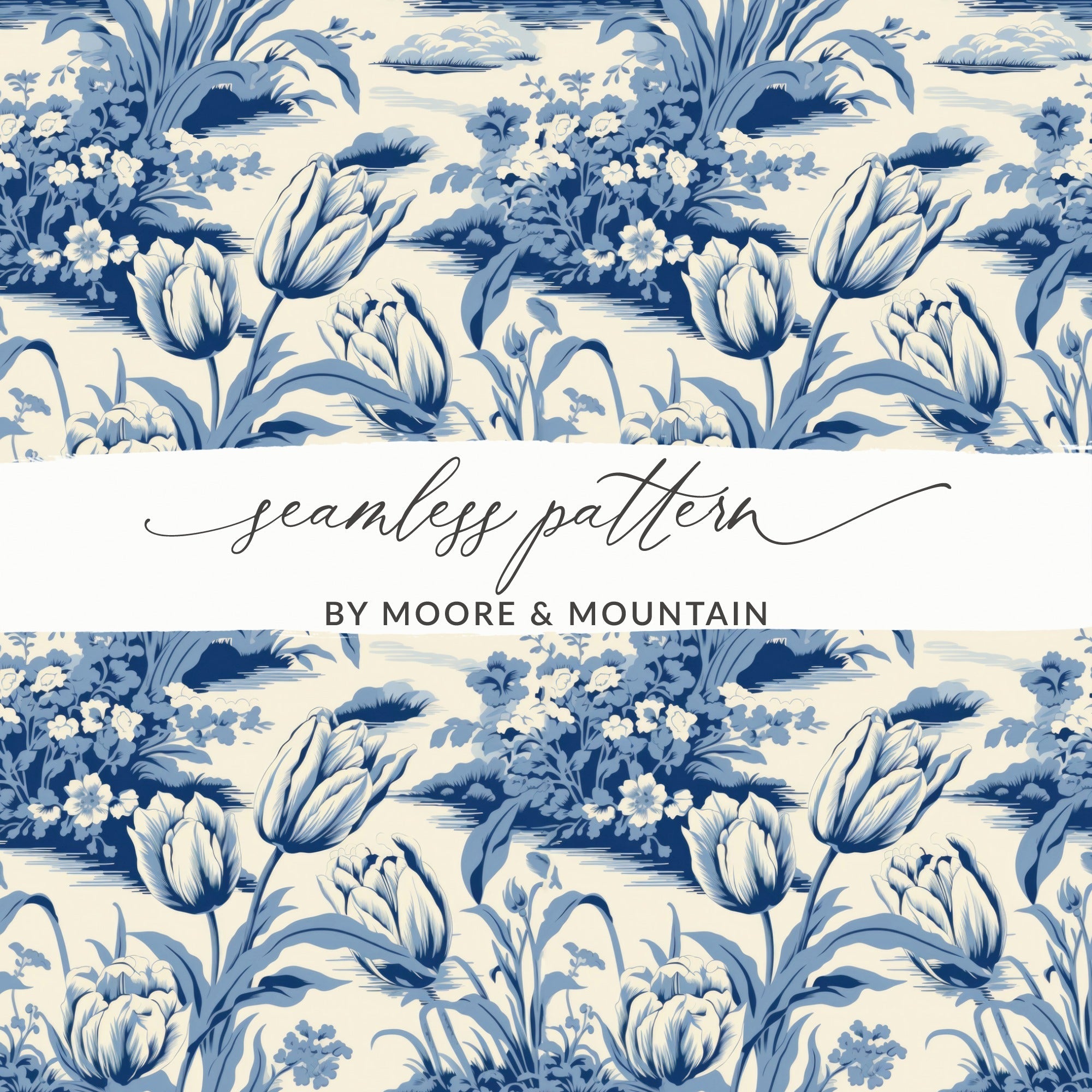 Blue Toile Digital Paper, Floral Toile Pattern, Seamless Pattern, 12x12 JPEG, Digital Download, Fabric Design, Scrapbooking Paper - Moore and Mountain