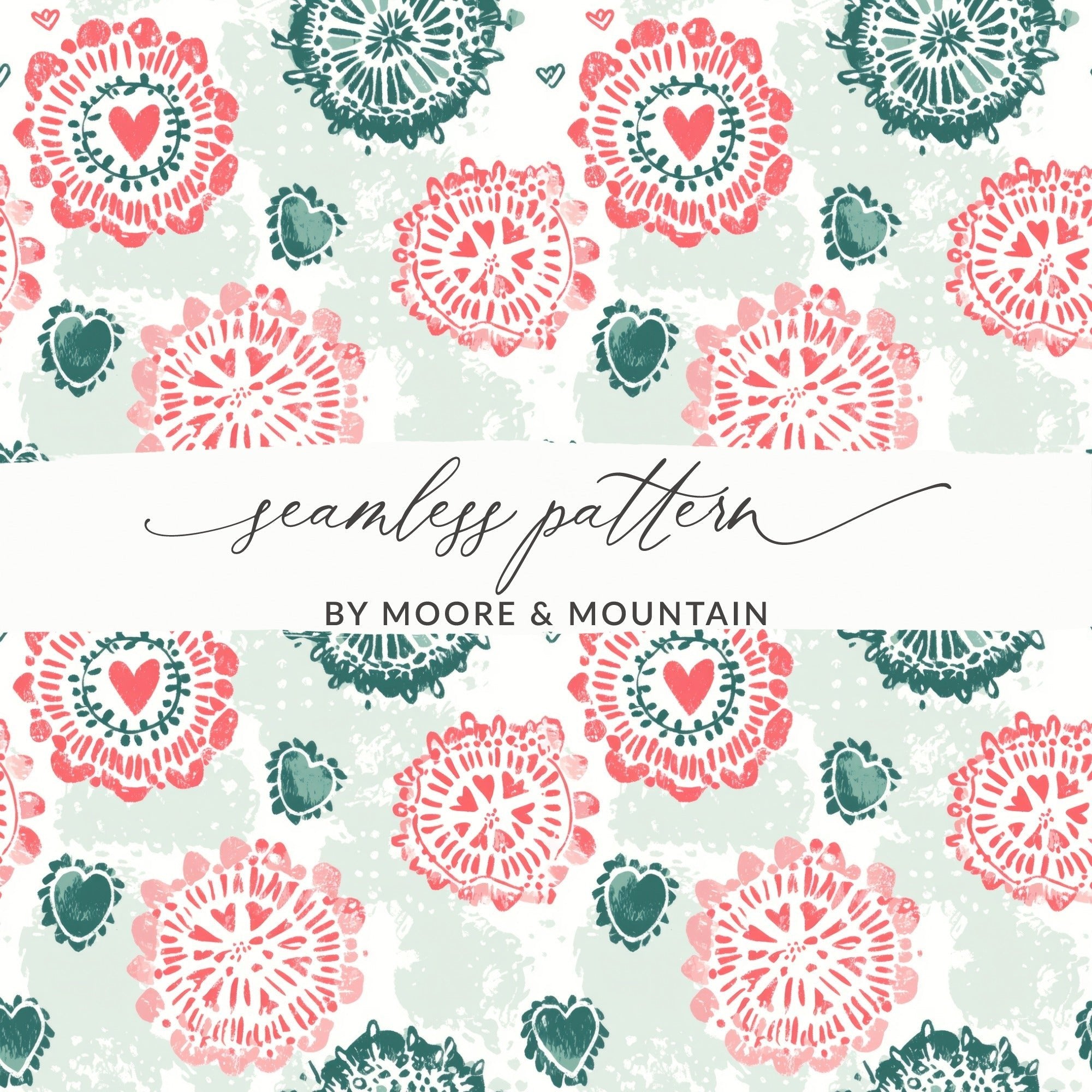 Boho Heart Floral Pattern Digital Paper, Red Teal Flower Design, Abstract Spring Print, Seamless Scrapbook Paper Pack, Digital Download - Moore and Mountain