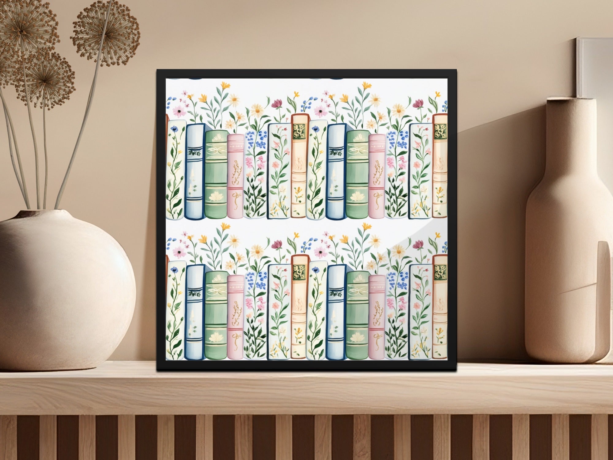 Books and Flowers Digital Repeat Pattern Whimsical Bookshelf Digital - Moore and Mountain