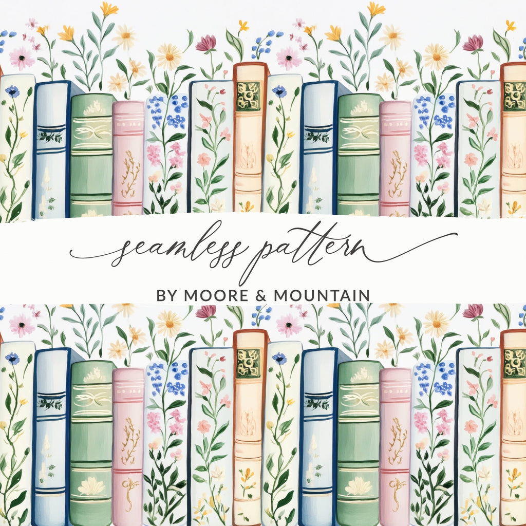 Books and Flowers Digital Repeat Pattern Whimsical Bookshelf Digital - Moore and Mountain