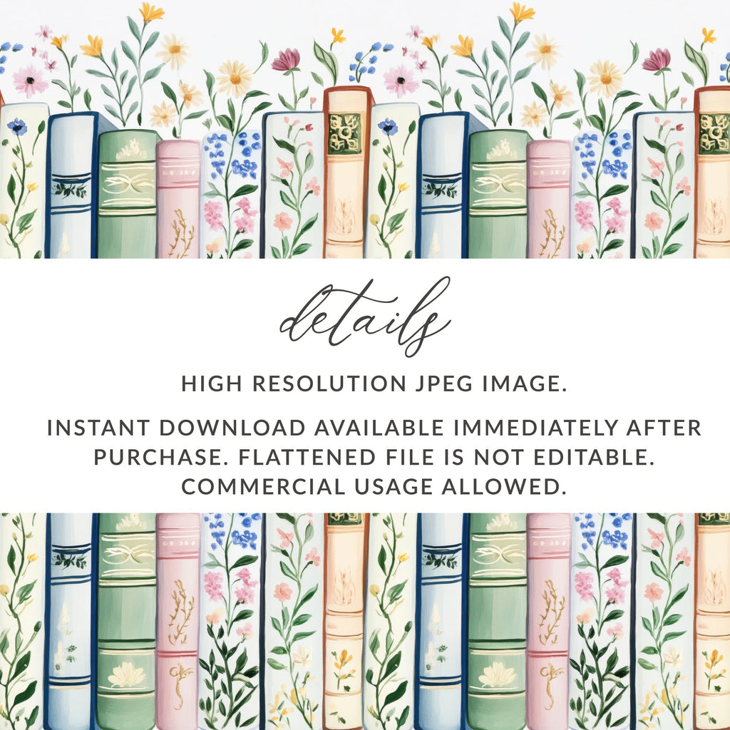 Books and Flowers Digital Repeat Pattern Whimsical Bookshelf Digital - Moore and Mountain