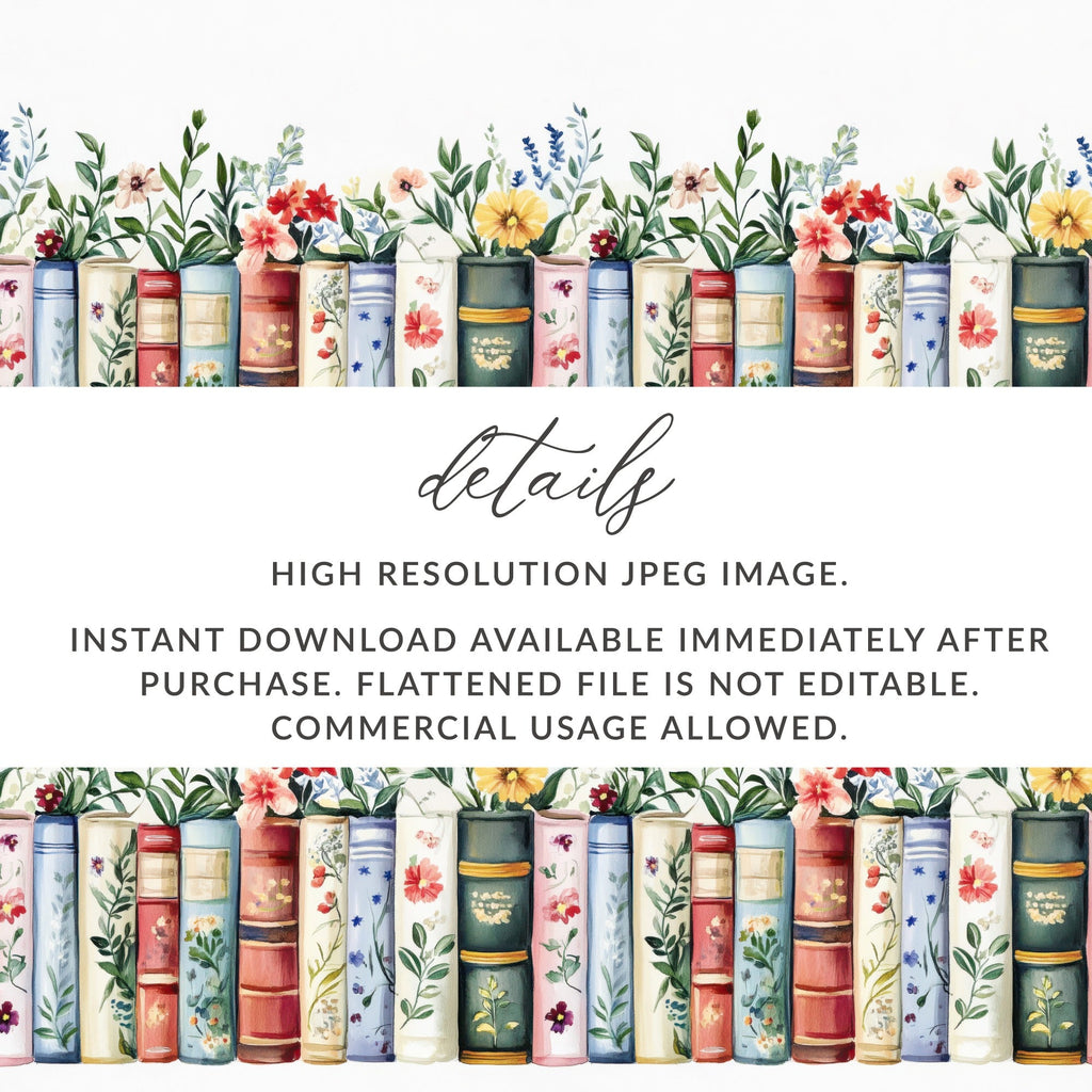 Books and Flowers Seamless Pattern Botanical Library Digital - Moore and Mountain