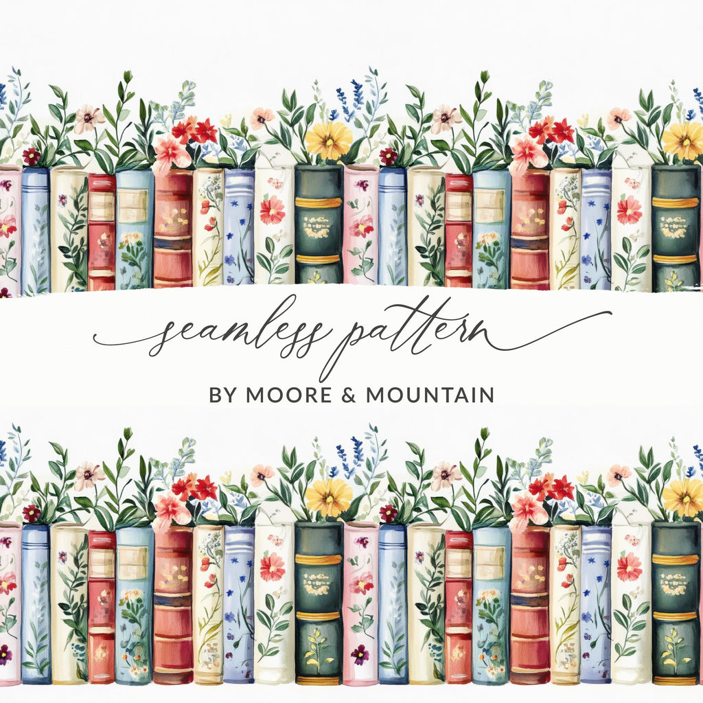 Books and Flowers Seamless Pattern Botanical Library Digital - Moore and Mountain