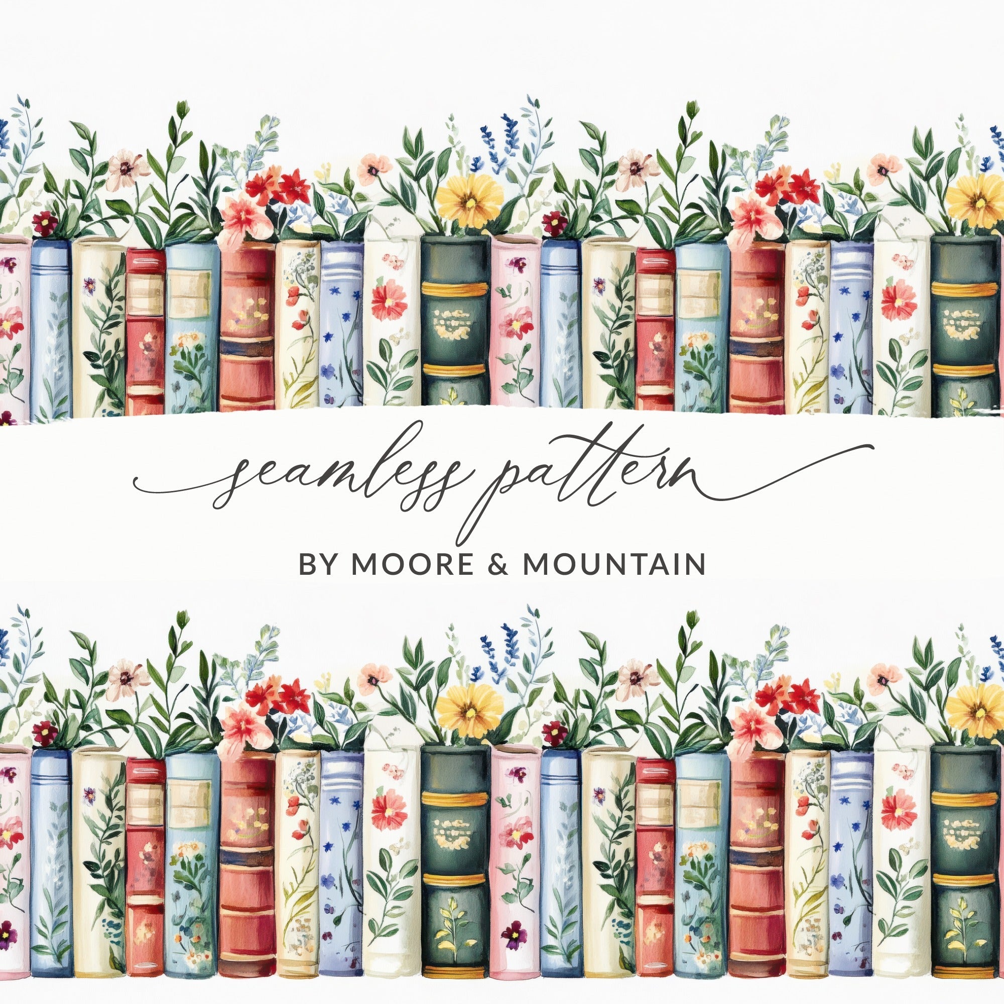 Books and Flowers Seamless Pattern Botanical Library Digital - Moore and Mountain