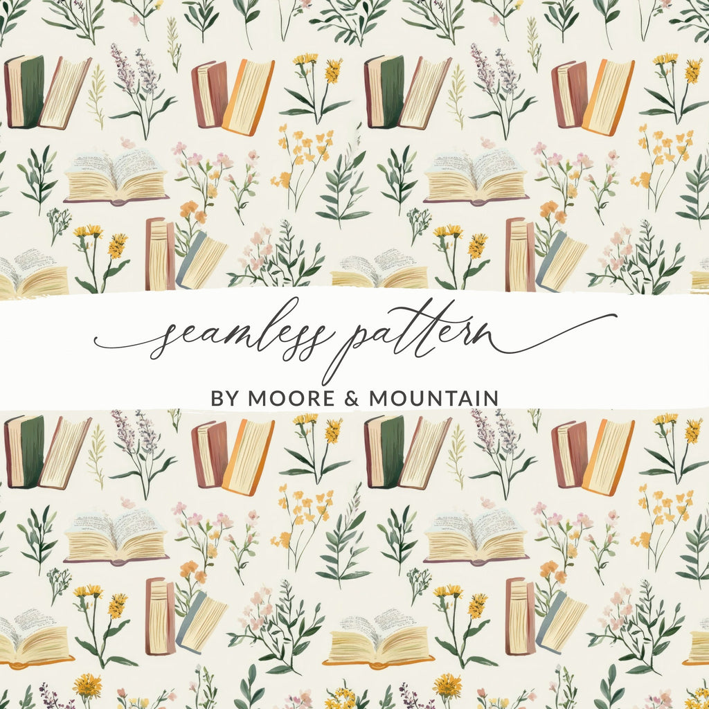 Books and Flowers Seamless Pattern, Digital Paper, Botanical Design, Reading Nook Decor, Fabric Design, Floral Book Lover Gift, Digital - Moore and Mountain